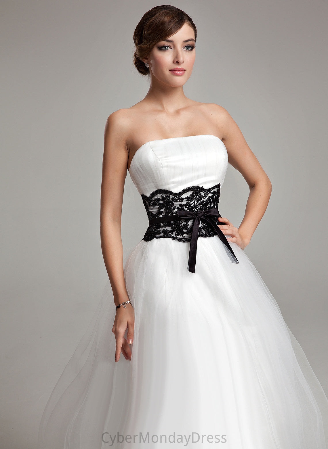 With Marcie Beading Tea-Length Wedding Dresses Satin Lace Dress Ball-Gown/Princess Sash Bow(s) Strapless Tulle Wedding