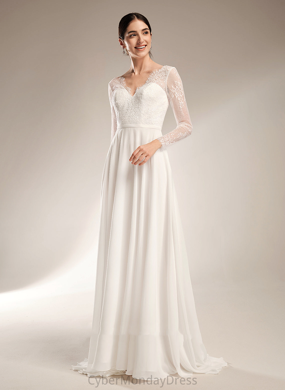 Luciana Lace V-neck Wedding Dresses Dress Sweep Train Wedding A-Line Chiffon