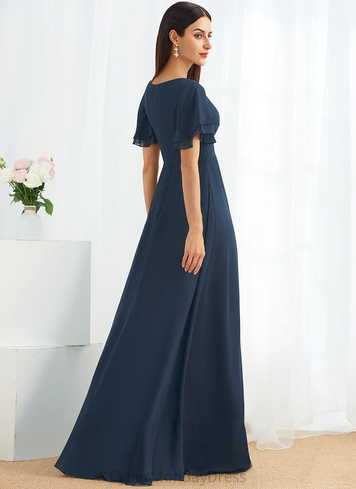 Neckline A-Line V-neck Silhouette Fabric Floor-Length Length SplitFront Embellishment Marlene Bridesmaid Dresses