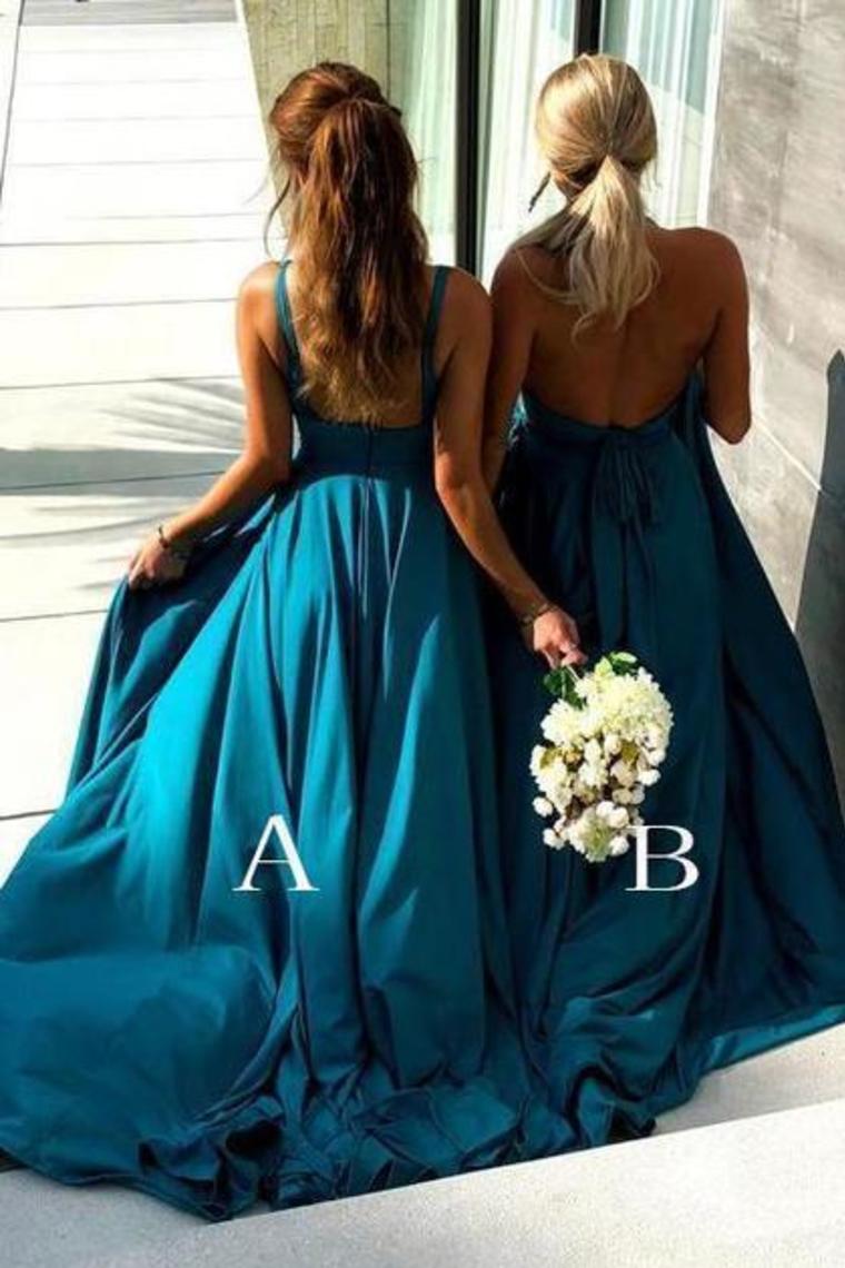 Simple Blue Long Backless Bridesmaid Dresses V Neck With Split