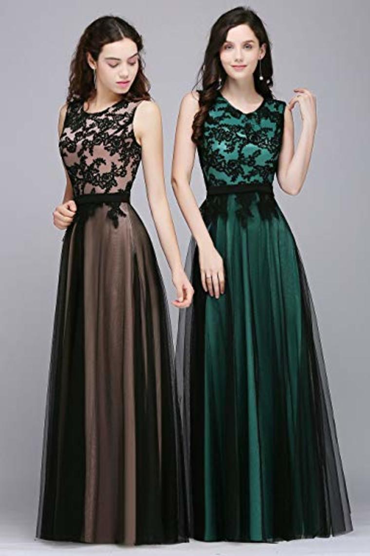 Lace Tulle Round Neck A Line Sleeveless Wedding Bridesmaid Long Evening Festive Party Dress