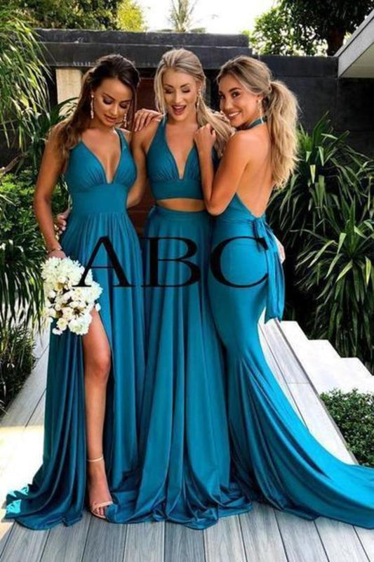 Simple Blue Long Backless Bridesmaid Dresses V Neck With Split