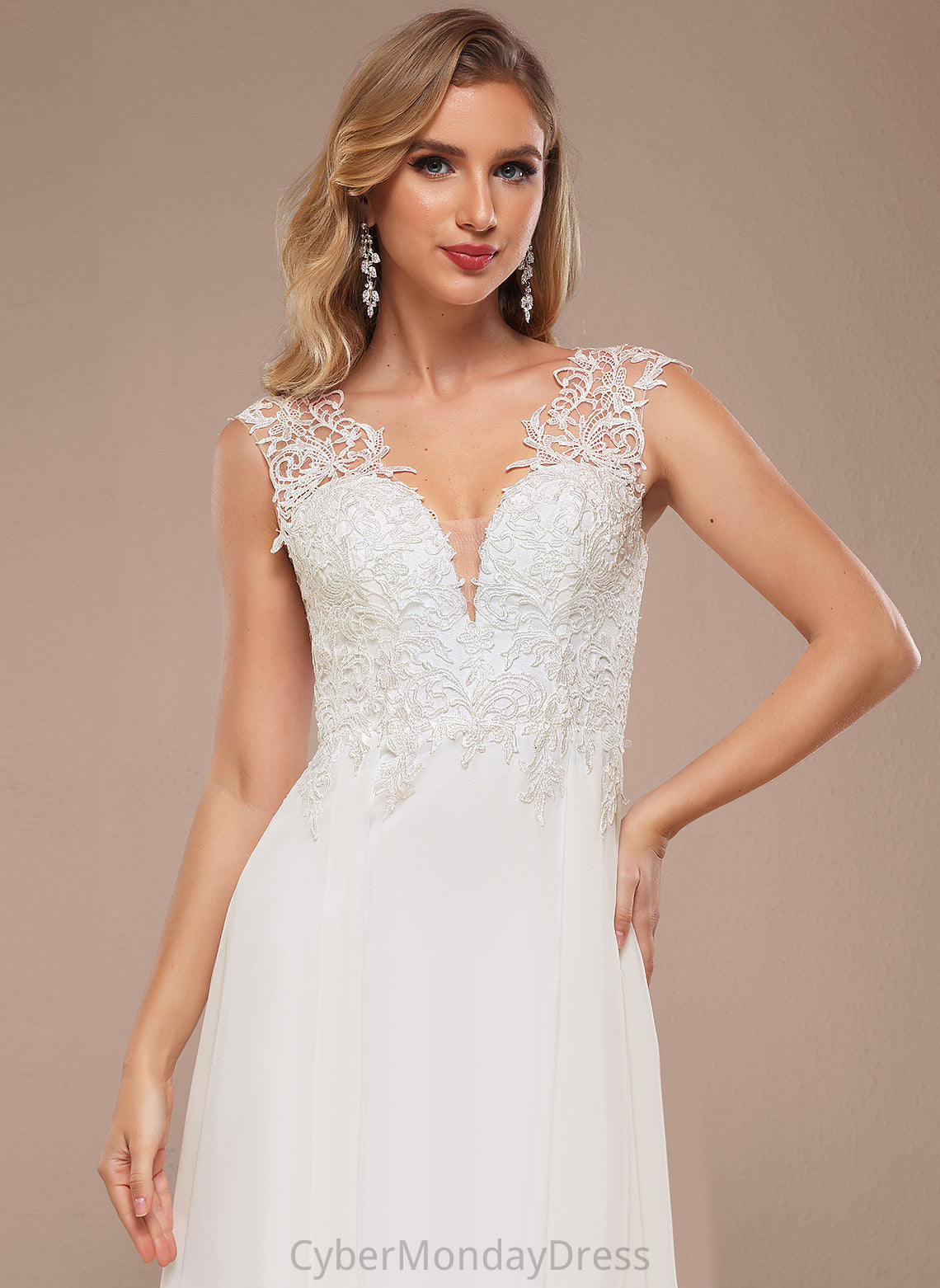 Paula Wedding Wedding Dresses A-Line Lace Chiffon Dress Train Sweep V-neck