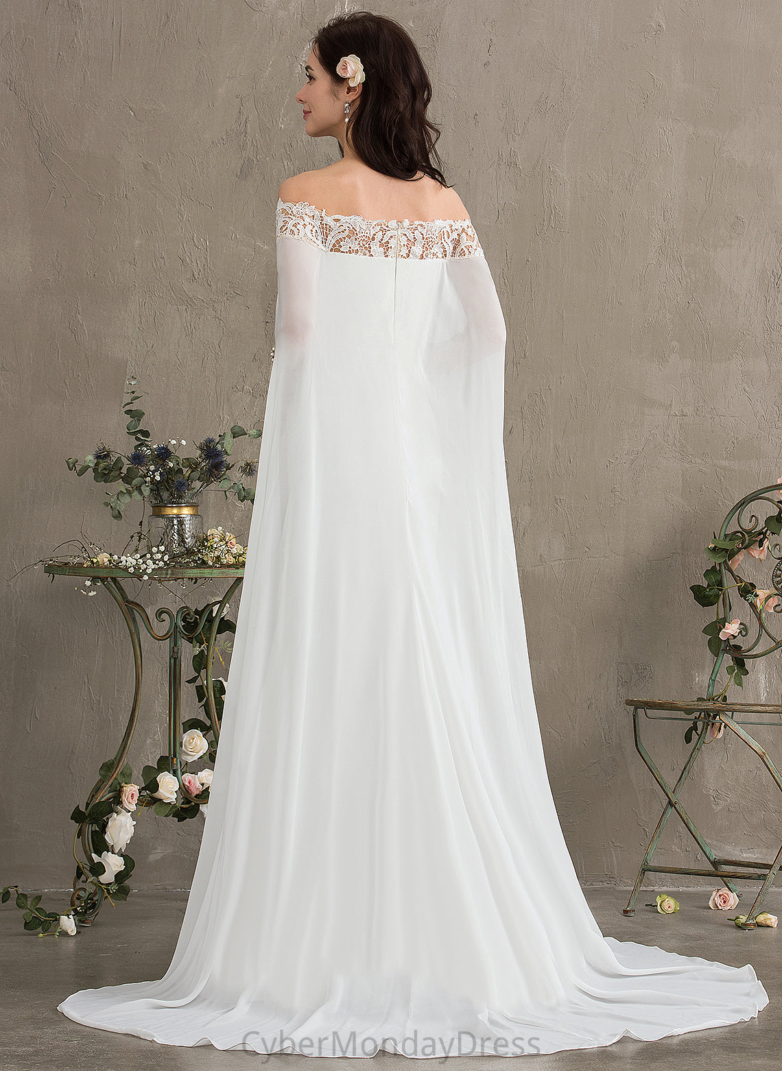 Train Ashtyn Chiffon Lace Off-the-Shoulder Lace Dress Court Wedding Dresses Sheath/Column With Wedding