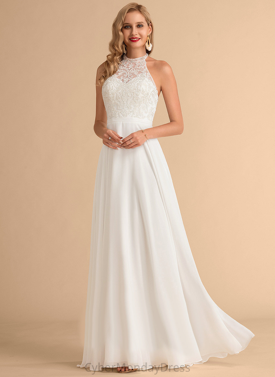 Dress Wedding Wedding Dresses A-Line Melina Neck Lace High Chiffon Floor-Length