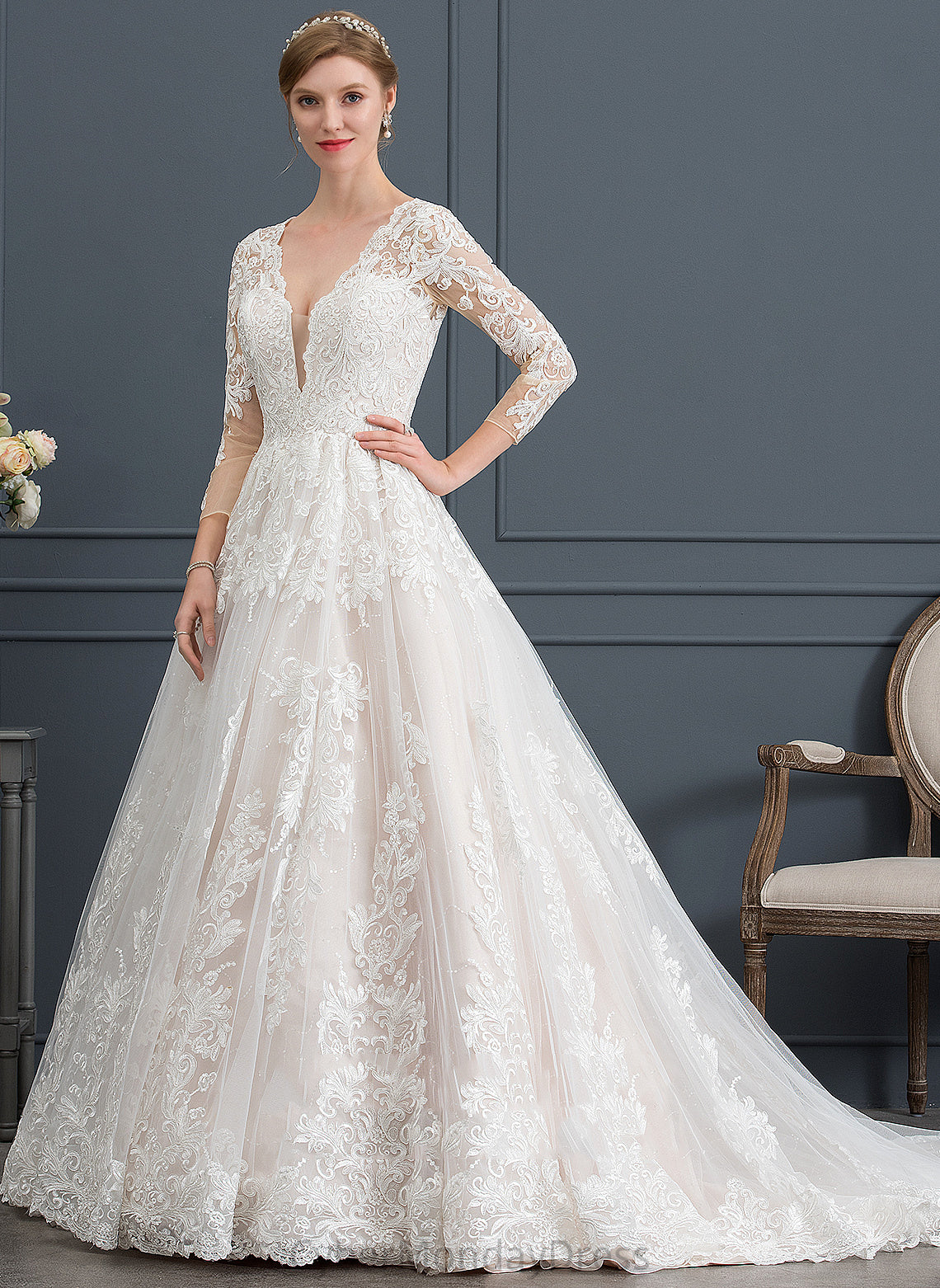 Kennedy Lace Wedding Ball-Gown/Princess V-neck Tulle Wedding Dresses Dress