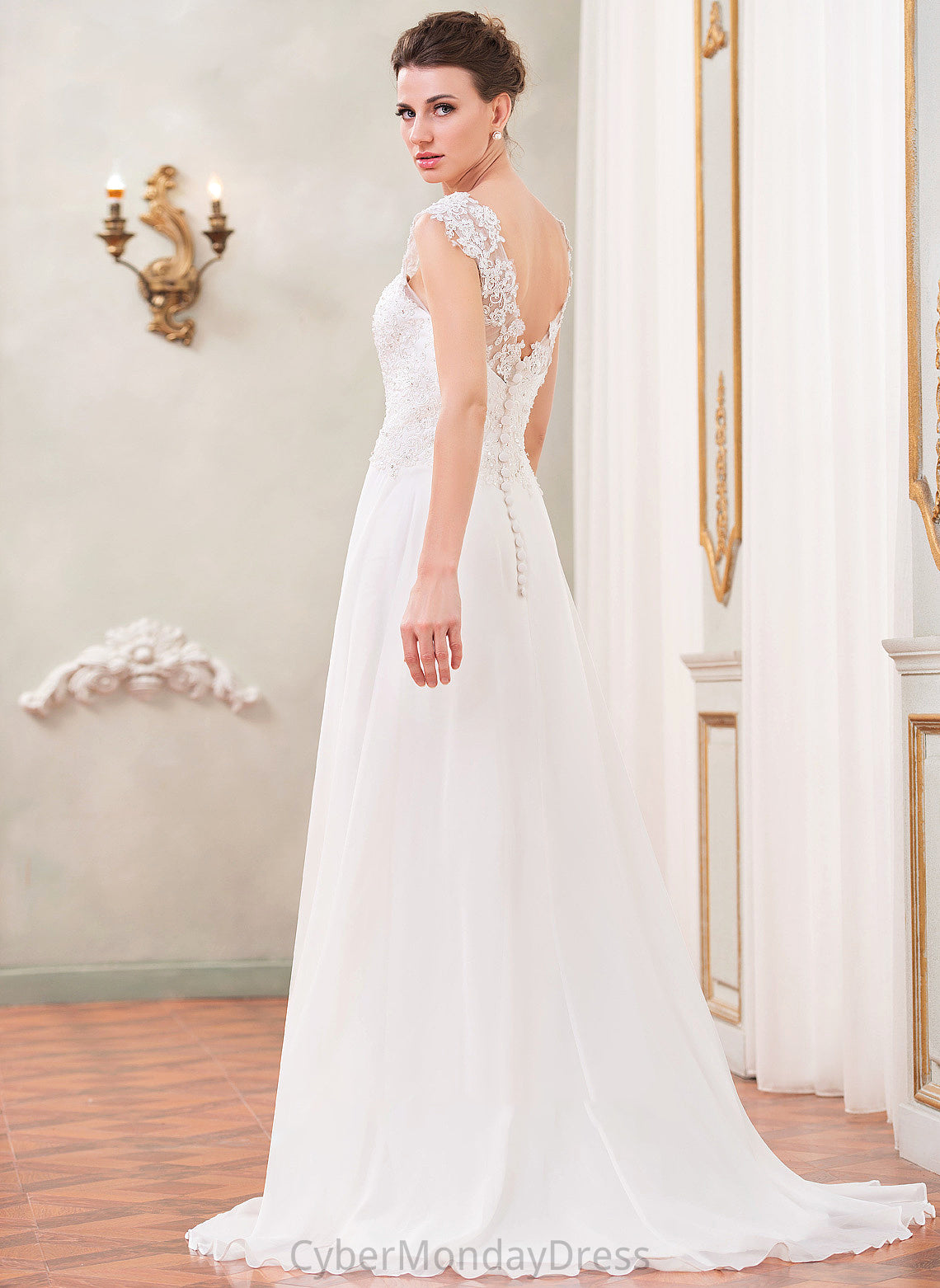 With Train Chiffon Wedding Dresses Sweep Beading Dress Wedding Selah Lace A-Line Sequins V-neck