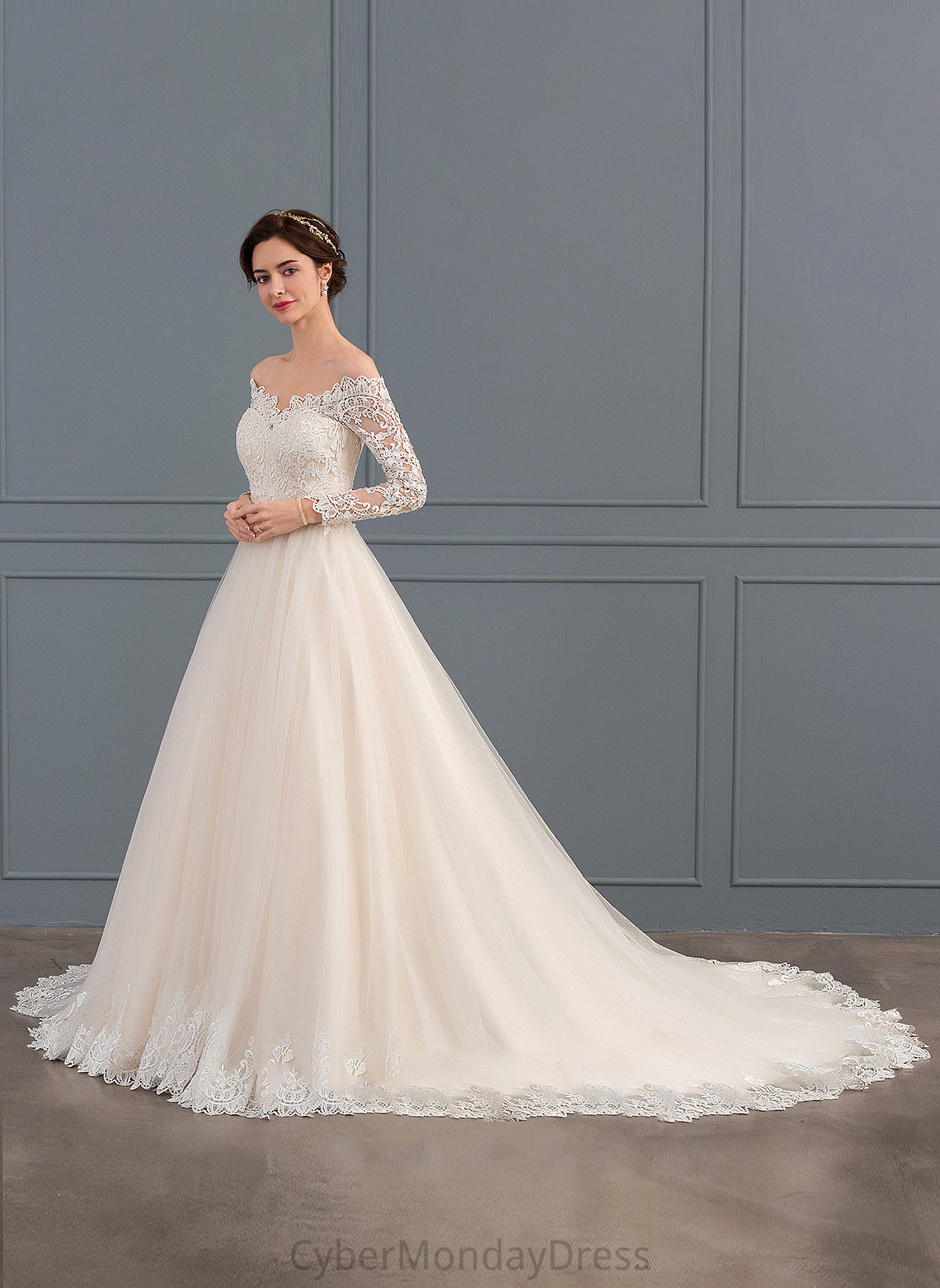 Ball-Gown/Princess Melanie Dress Tulle Off-the-Shoulder Train Chapel Lace Wedding Wedding Dresses