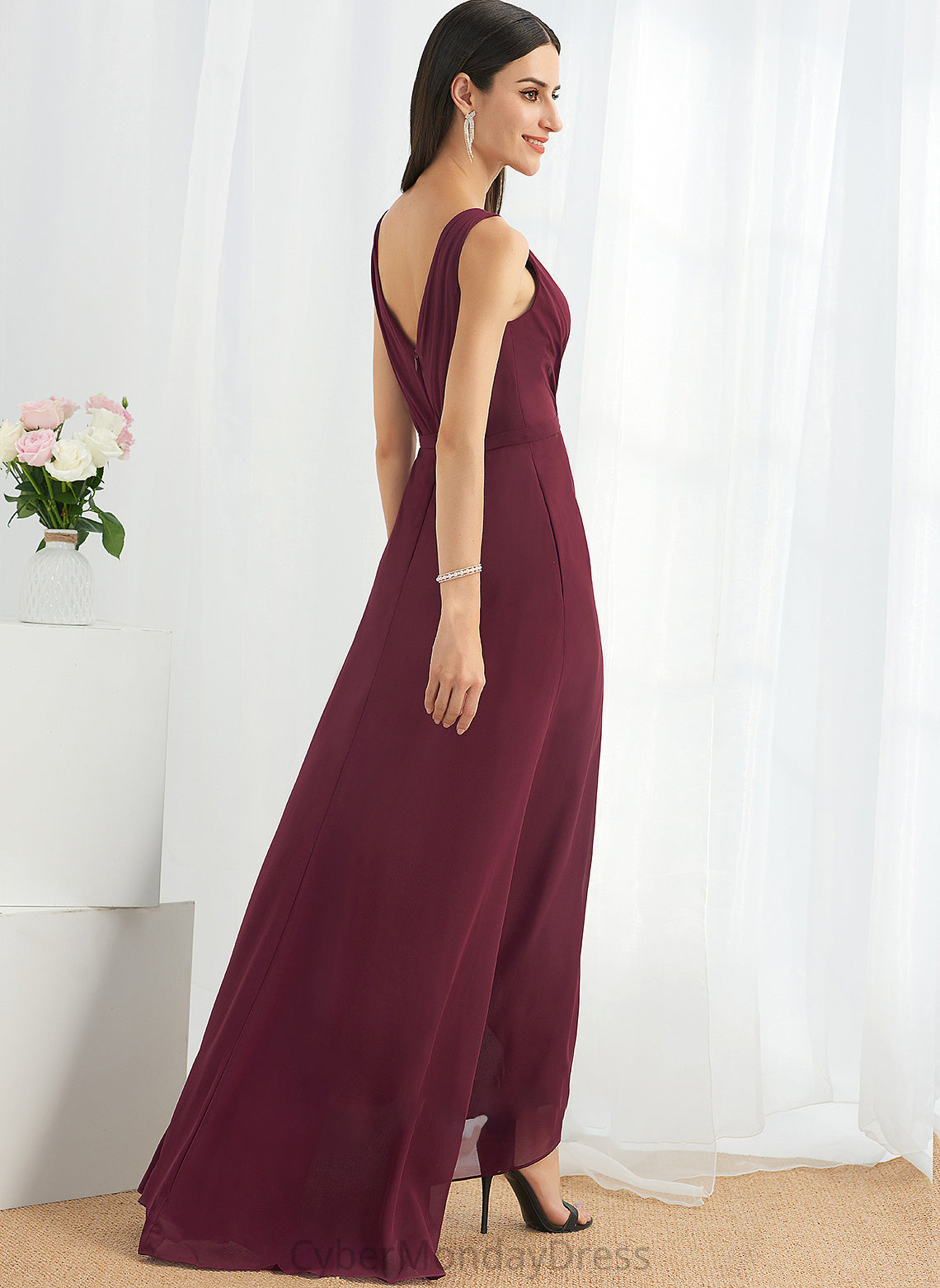 A-Line V-neck Neckline Silhouette Length SplitFront Embellishment Asymmetrical Fabric Emely Natural Waist Sleeveless Bridesmaid Dresses