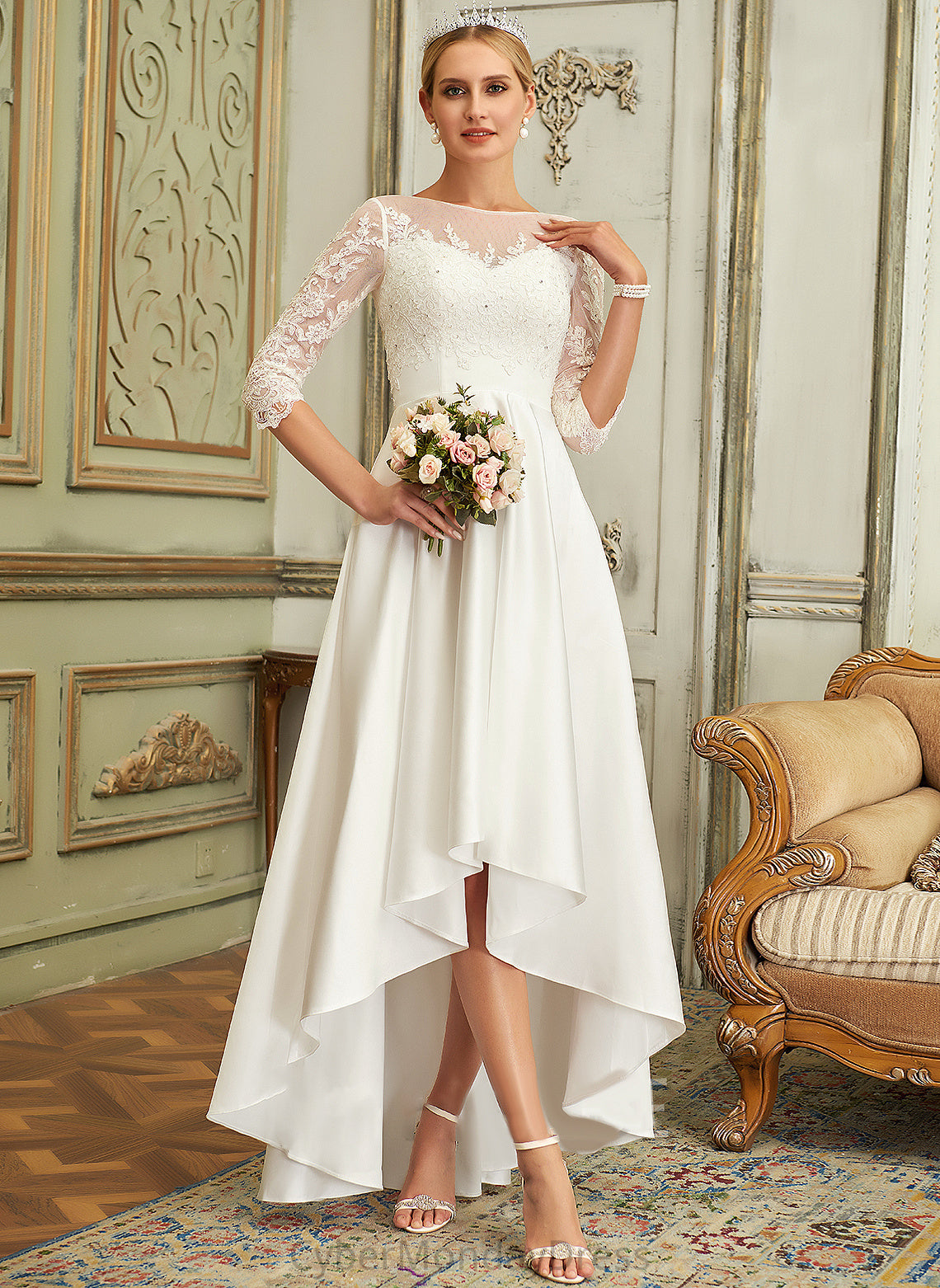 Lace Asymmetrical Neck Wedding Dresses Zoey Scoop Wedding A-Line Satin Dress