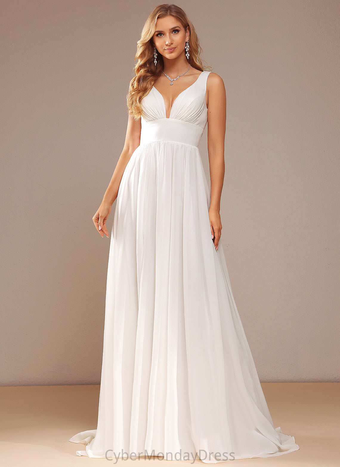 Wedding A-Line Lena Chiffon Dress Train Sweep V-neck Wedding Dresses