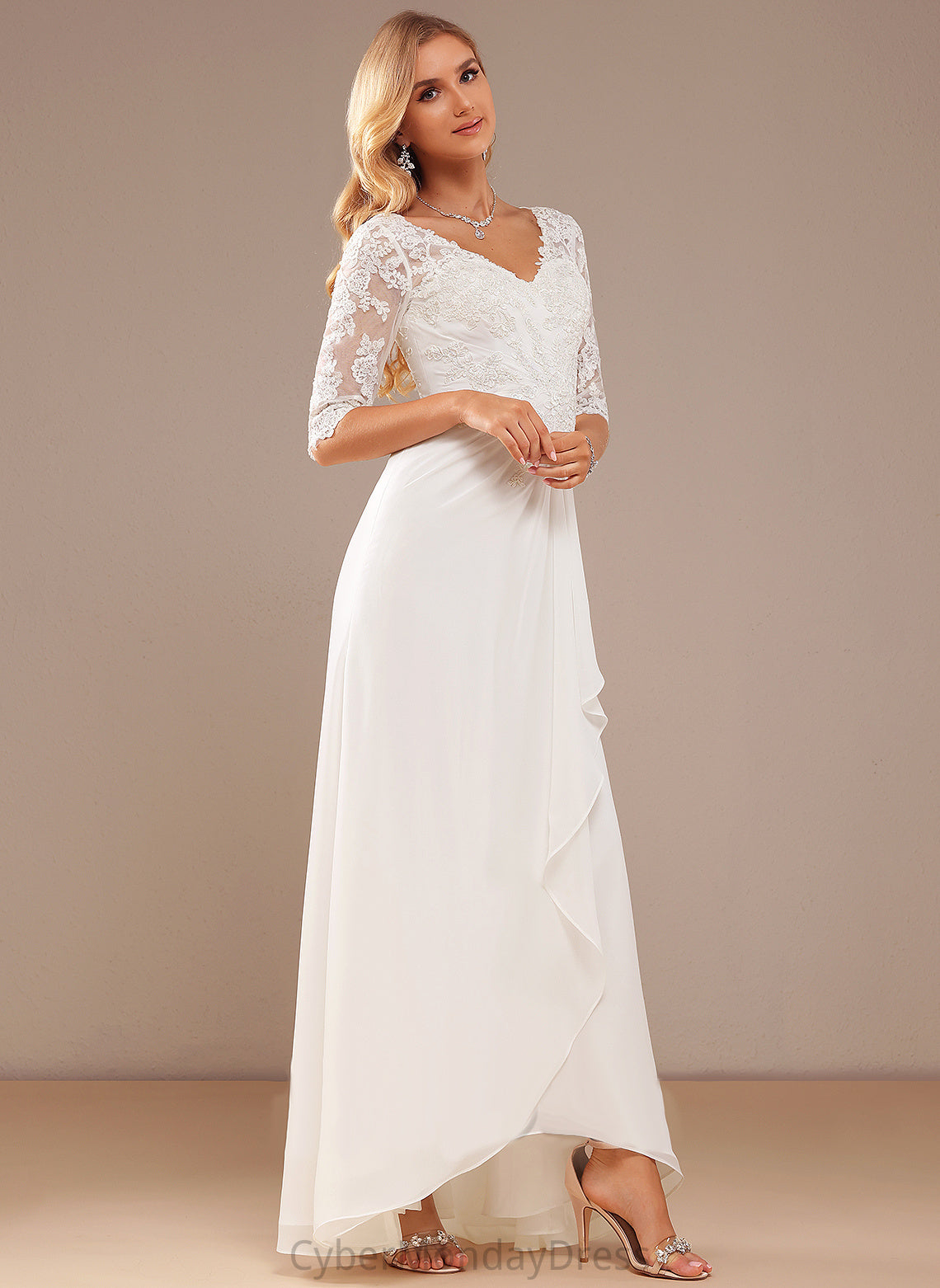 A-Line Asymmetrical Dress Ruffle Chiffon Wedding Yaritza V-neck With Lace Lace Wedding Dresses