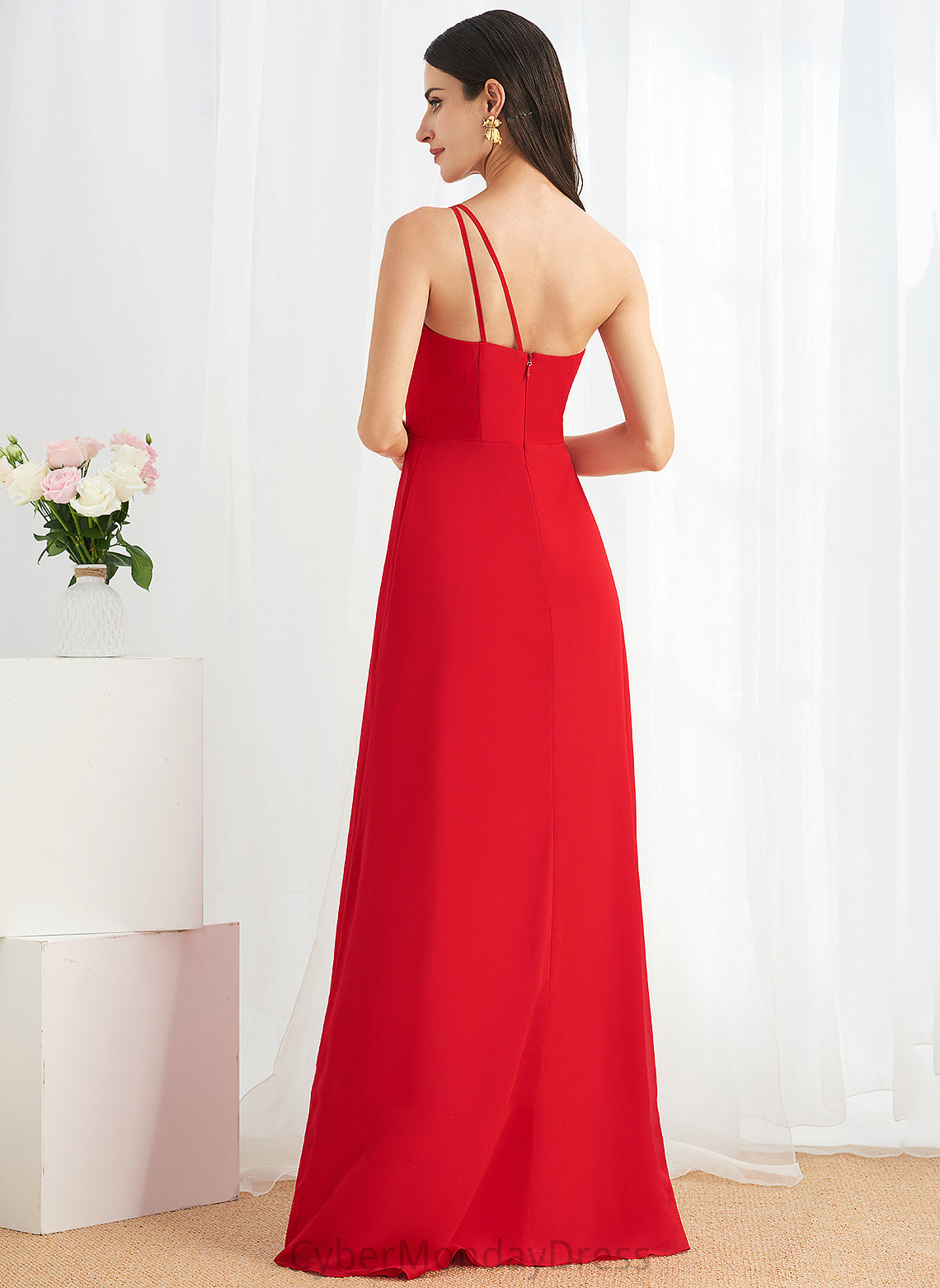 Embellishment Length Fabric Neckline One-Shoulder Silhouette SplitFront Floor-Length Ruffle A-Line Nevaeh Sleeveless Bridesmaid Dresses