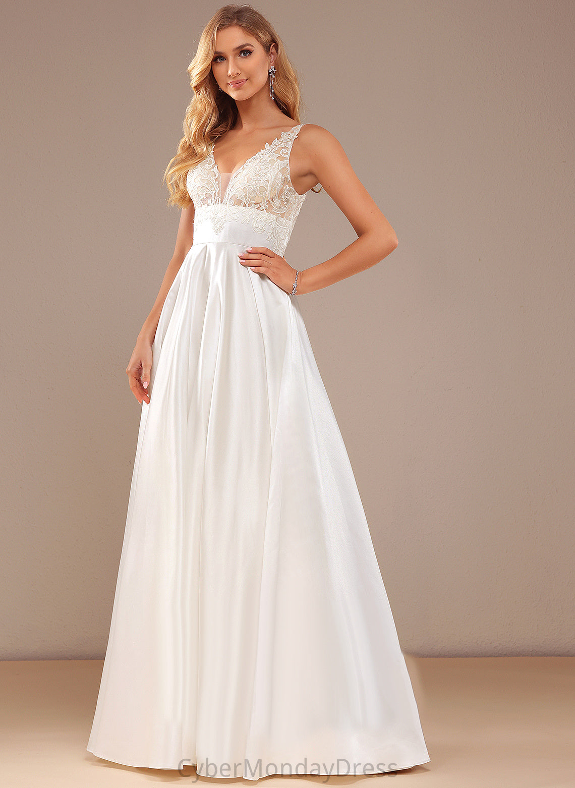 Nyasia Wedding Dresses Wedding Floor-Length Ball-Gown/Princess Pockets Satin Lace V-neck Lace With Dress