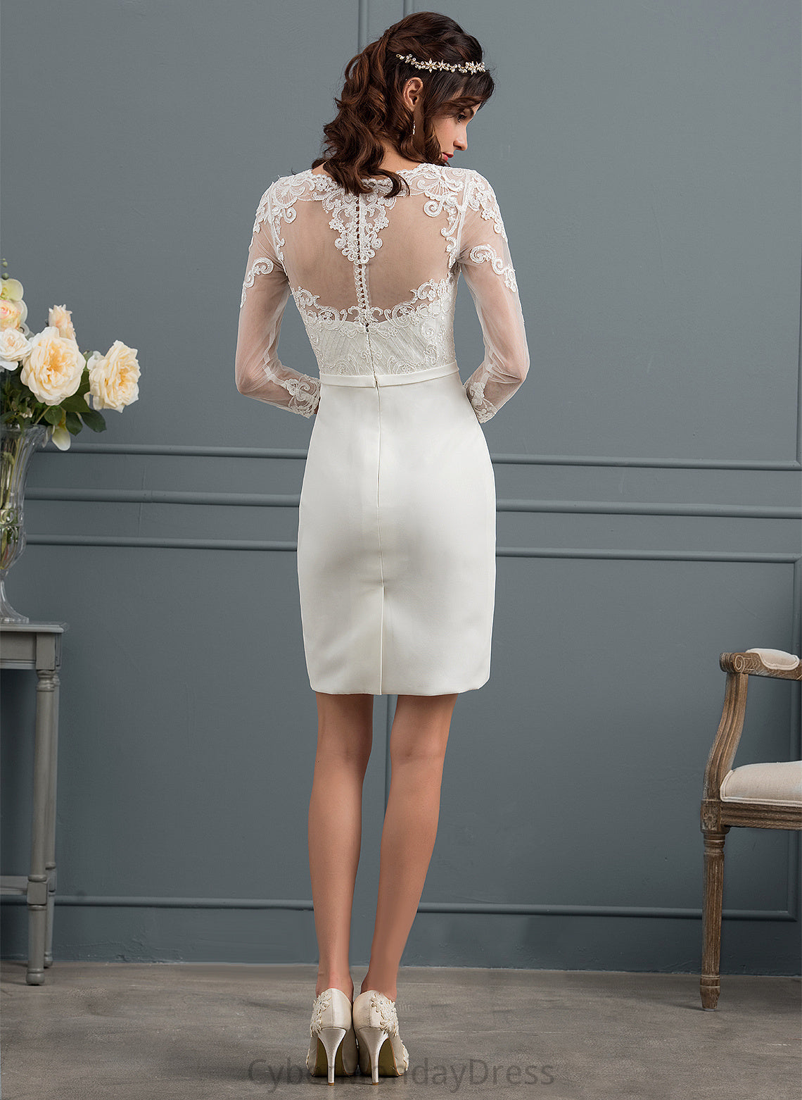 Dress Wedding Sequins Knee-Length Lace Wedding Dresses Illusion With Bow(s) Sheath/Column Cecilia