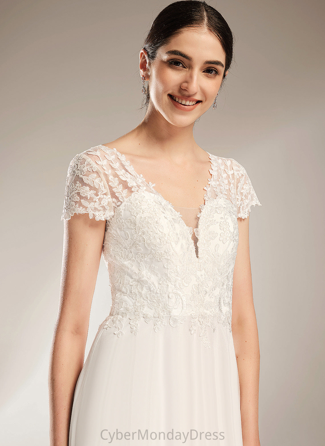 Chiffon Wedding Wedding Dresses A-Line Dress Bow(s) Court Lace Pru Train V-neck With