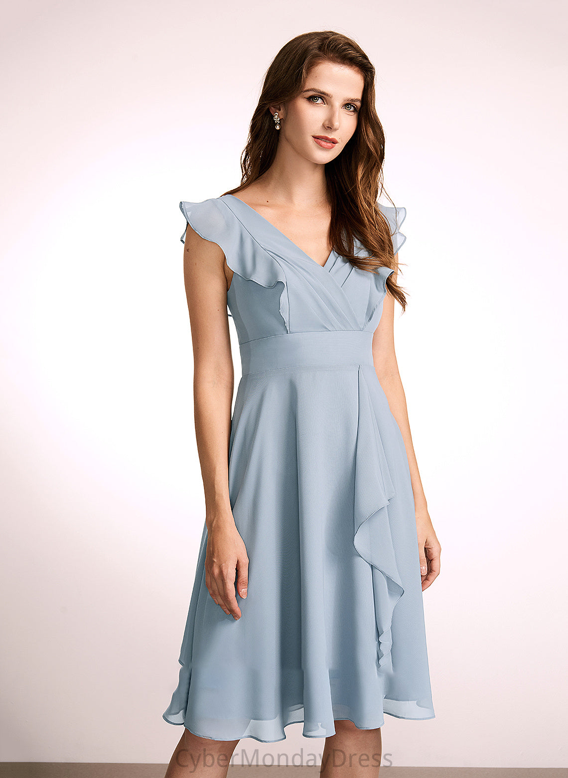 A-Line Embellishment Ruffle Knee-Length V-neck Fabric Silhouette Length Neckline Evelyn Bridesmaid Dresses