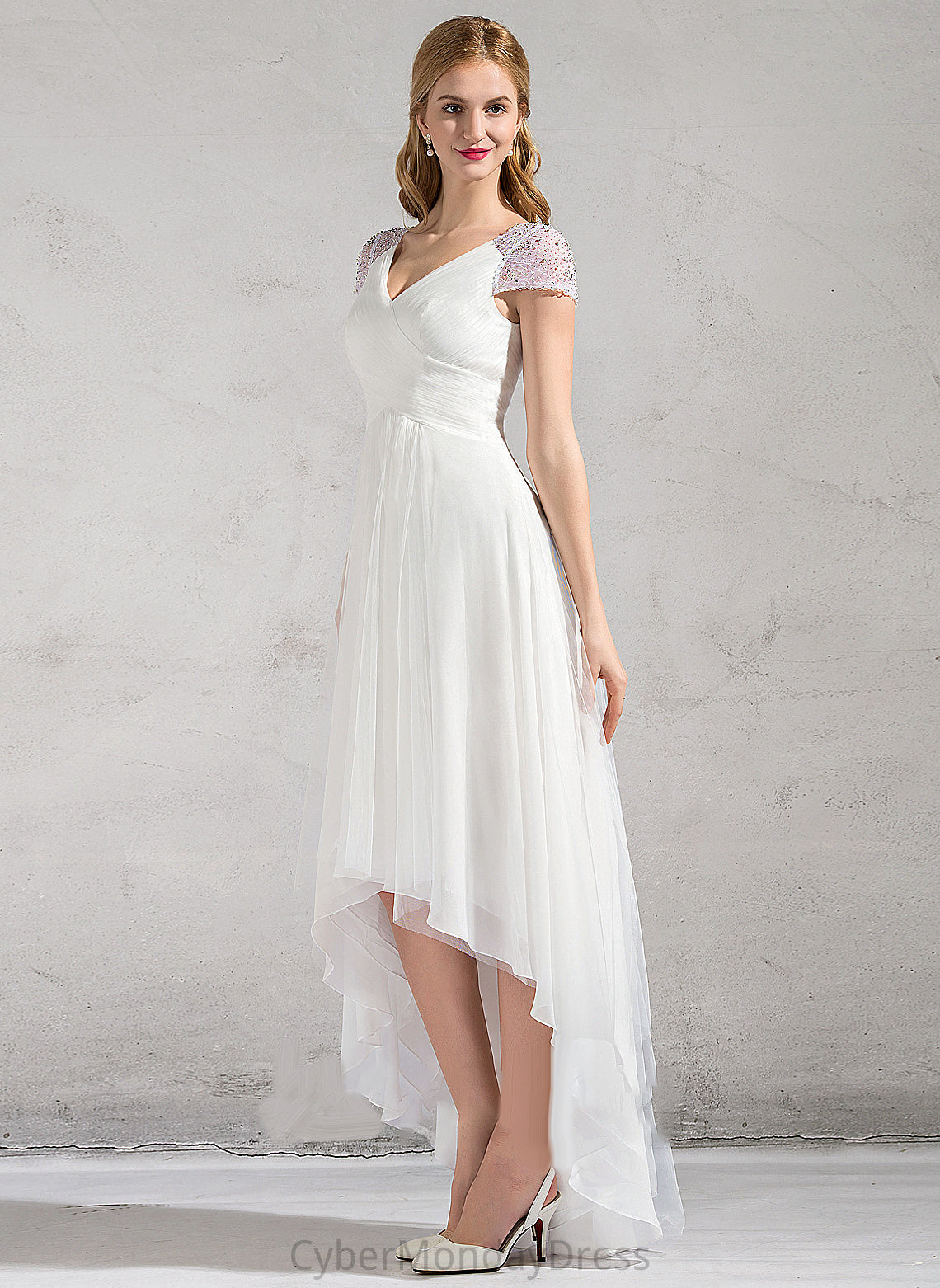 Wedding Dress Sequins Tulle V-neck Ruffle A-Line Asymmetrical Jenna Wedding Dresses With Beading