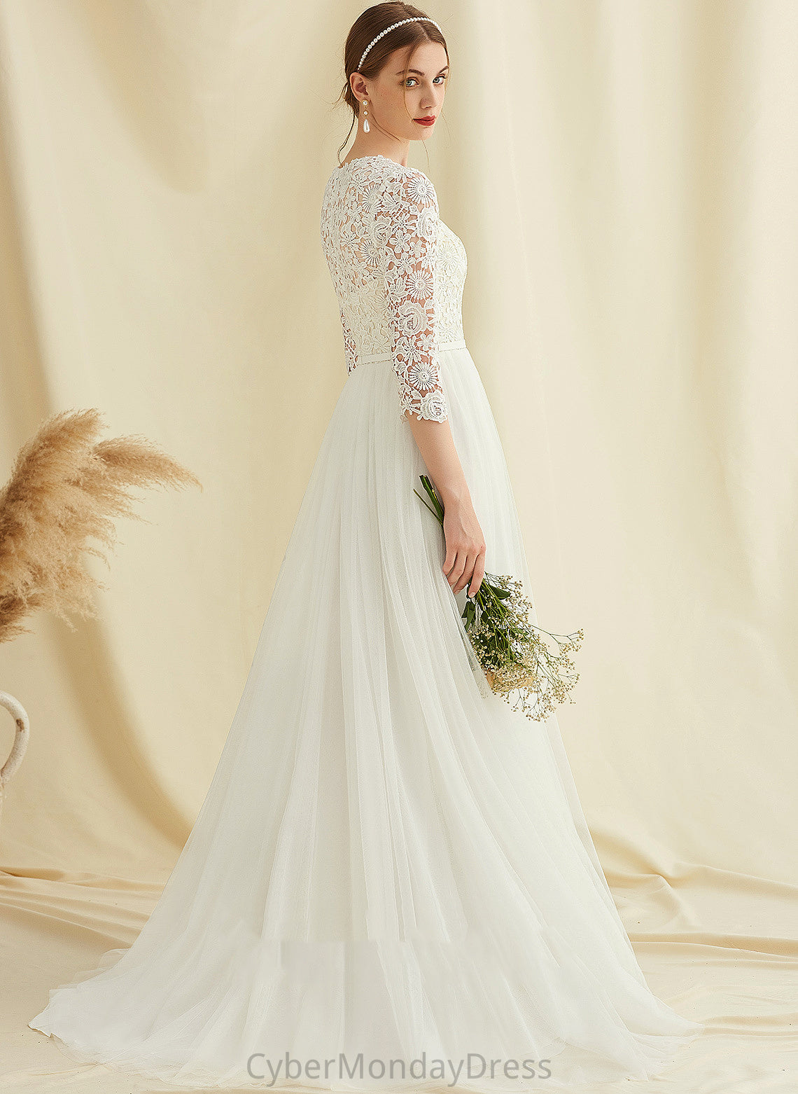 A-Line Sweep Mallory Wedding Train Tulle Wedding Dresses Lace Dress