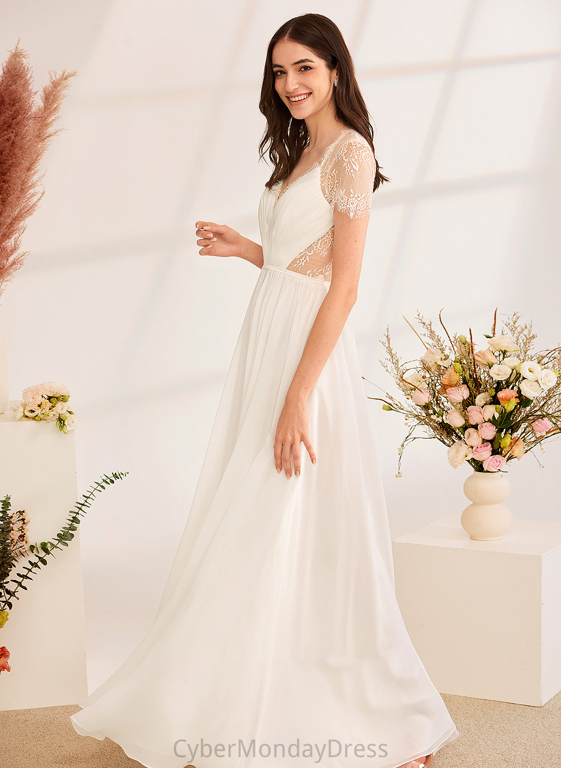 Ruffle With Wedding Dresses Ida Floor-Length A-Line Wedding V-neck Dress