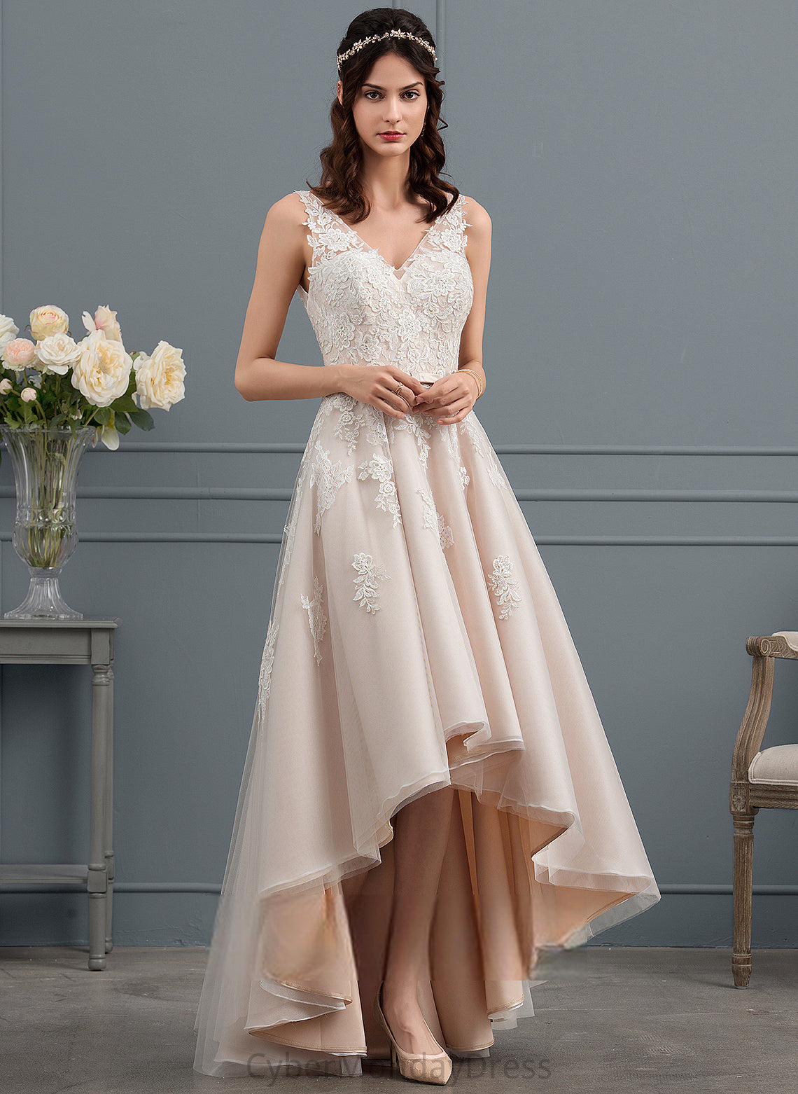 Asymmetrical Dress Tulle With Anahi Wedding Dresses V-neck A-Line Bow(s) Satin Wedding Lace