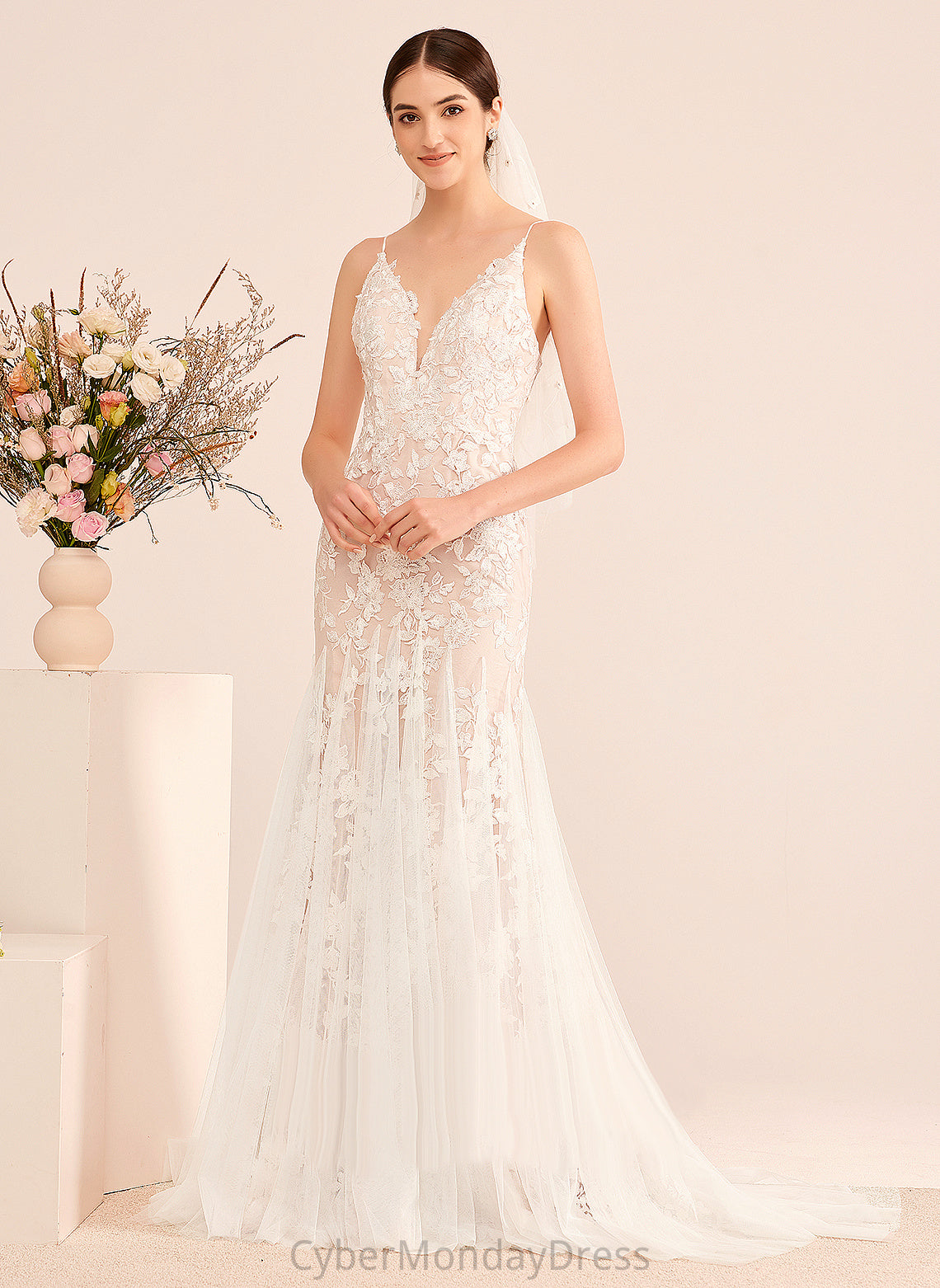 Court Trumpet/Mermaid Cheyenne Dress Lace With Lace Tulle Train Wedding V-neck Wedding Dresses