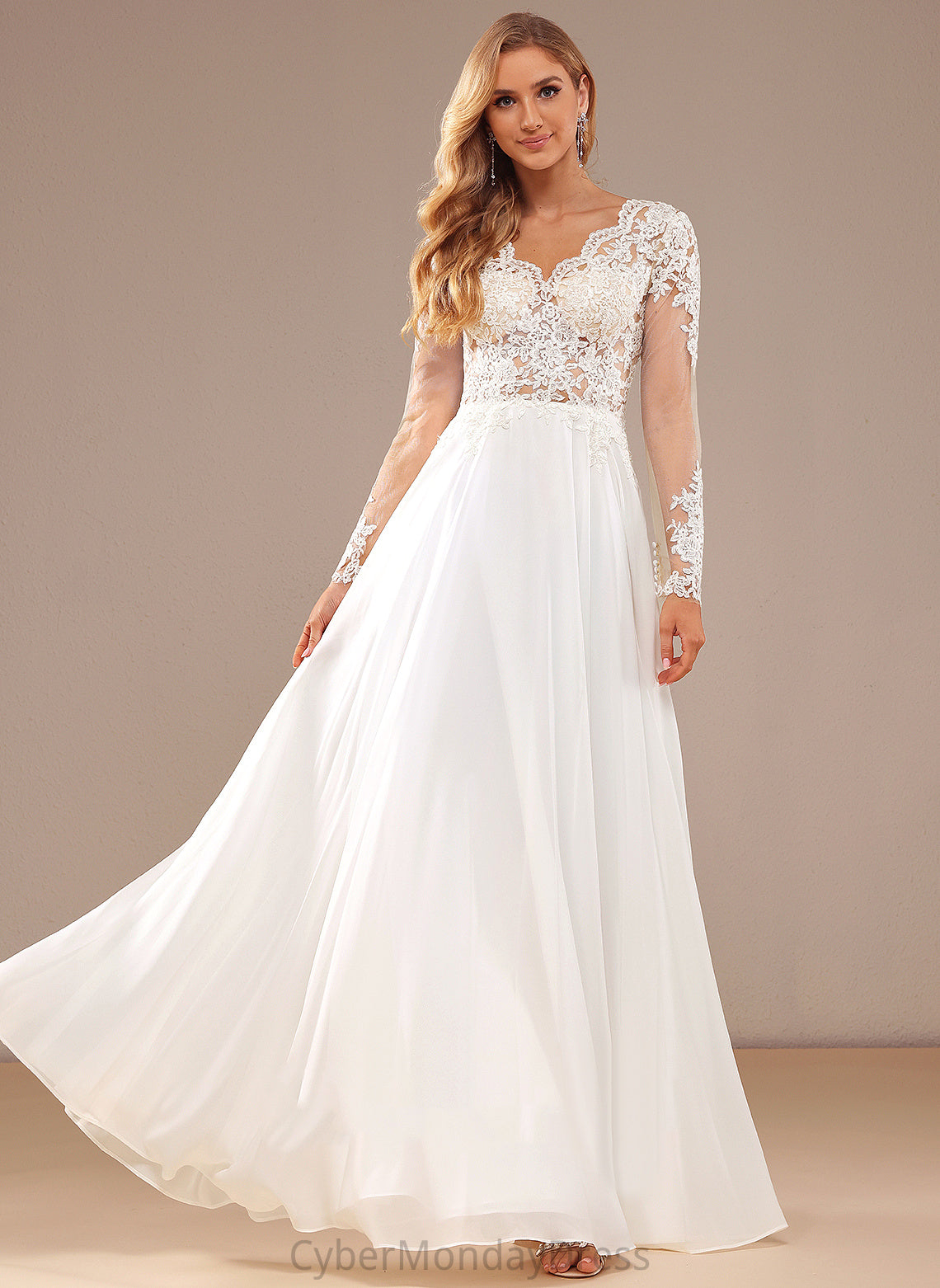 A-Line Wedding Lace Natasha V-neck Floor-Length With Chiffon Dress Sequins Wedding Dresses