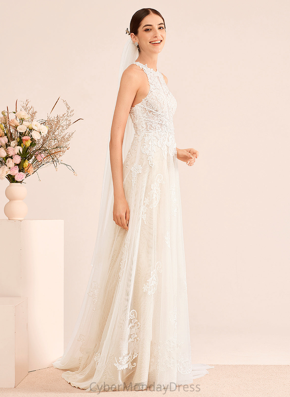 Train Wedding Neck A-Line Dress Court With High Wedding Dresses Cora Beading