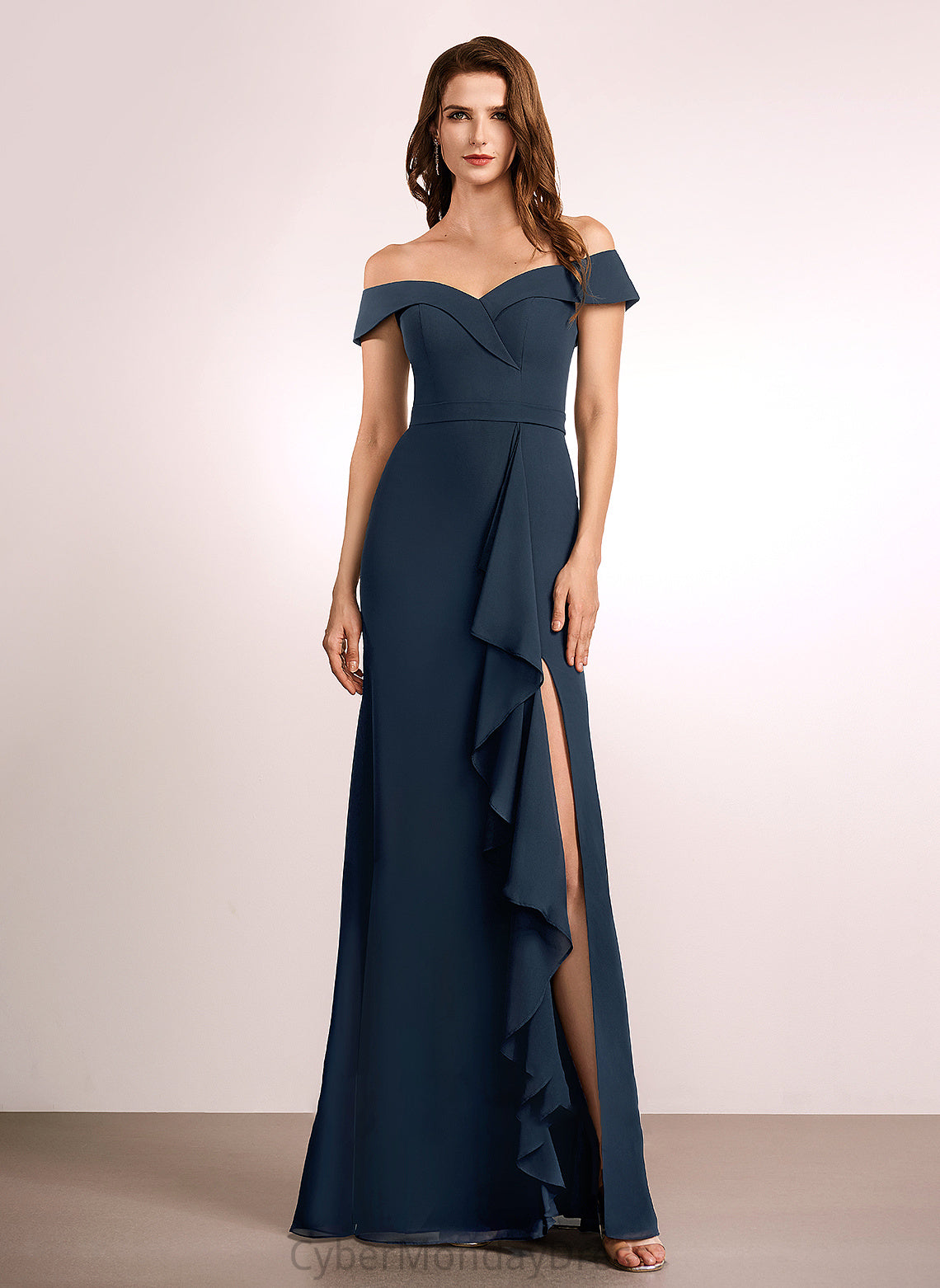 Fabric Floor-Length Ruffle Silhouette Length A-Line Neckline Off-the-Shoulder Embellishment Penny Straps Sleeveless Bridesmaid Dresses