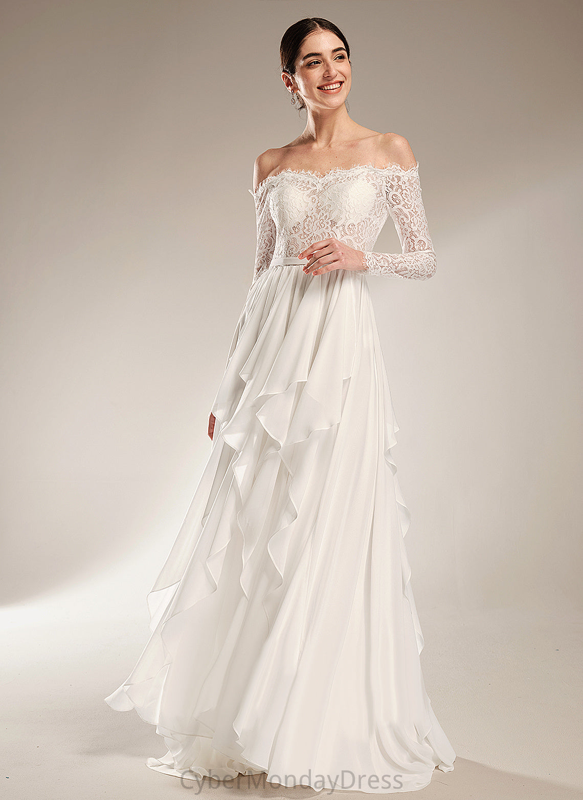 Carina Wedding Dresses Chiffon Dress A-Line Lace Wedding Train Court Ruffle With Off-the-Shoulder