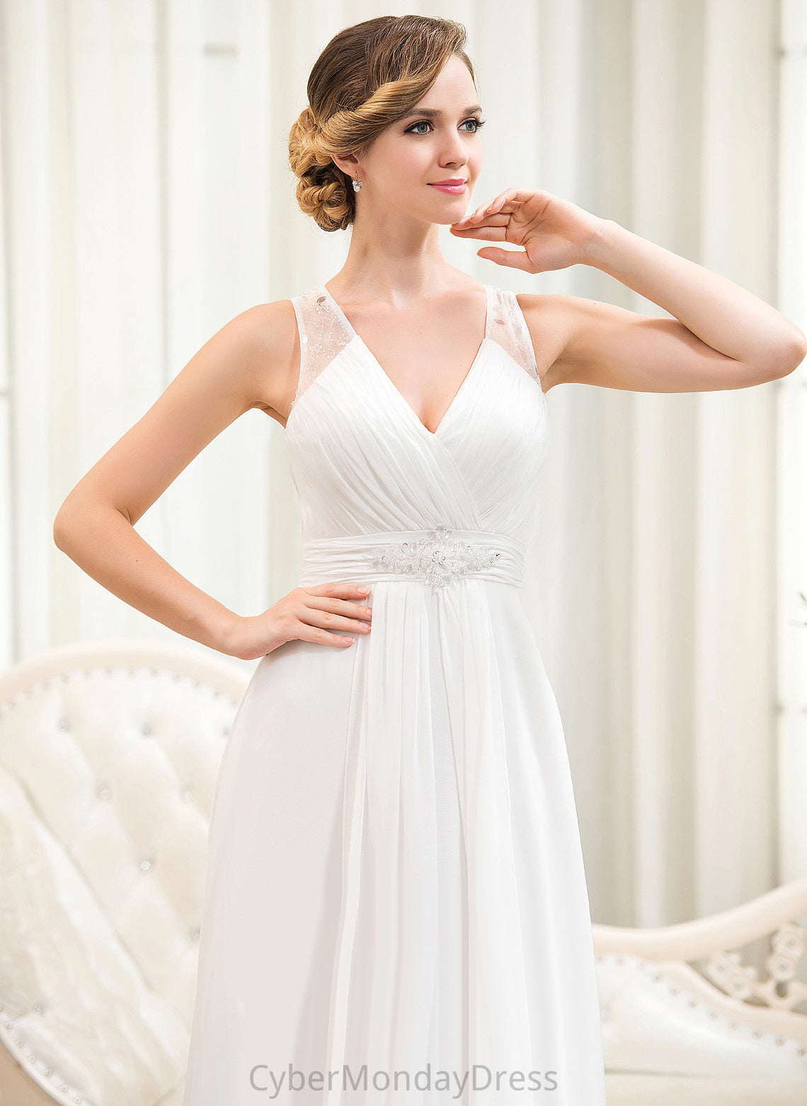 V-neck With A-Line Beading Train Ruffles Savanna Sequins Cascading Sweep Tulle Dress Wedding Dresses Chiffon Wedding