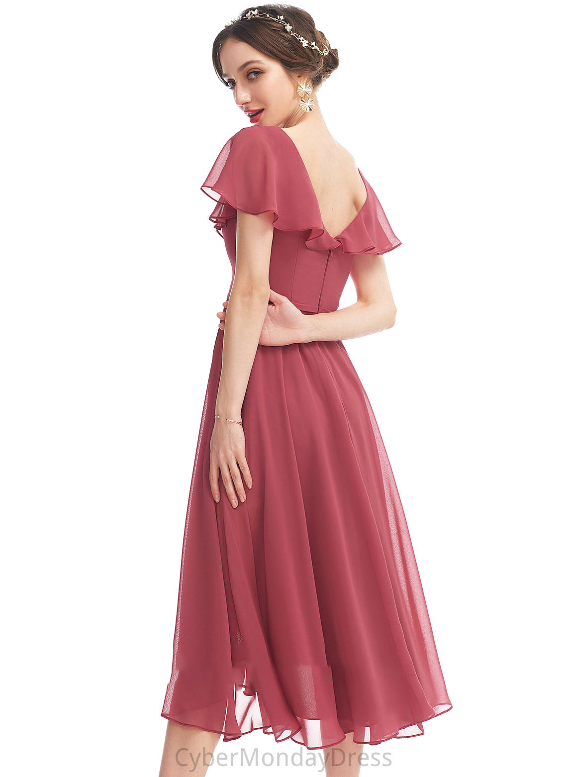 Asymmetrical Embellishment A-Line Fabric Length Ruffle Silhouette V-neck Neckline Brenda Floor Length A-Line/Princess Bridesmaid Dresses