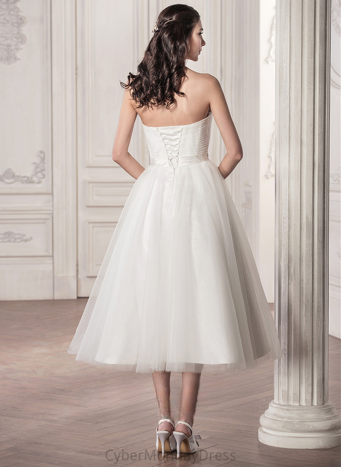 Tea-Length A-Line Beading Jaida With Tulle Sweetheart Dress Sequins Satin Ruffle Wedding Dresses Wedding