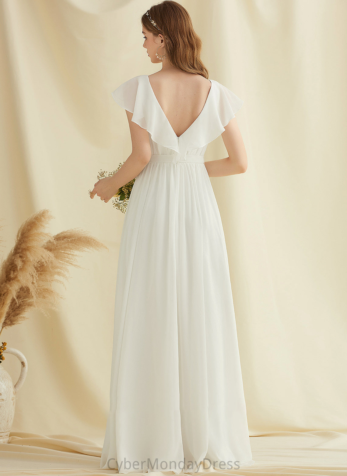 V-neck Wedding Dresses Chiffon Dress Ruffles Wedding Front With Split A-Line Cascading Floor-Length Rosalie