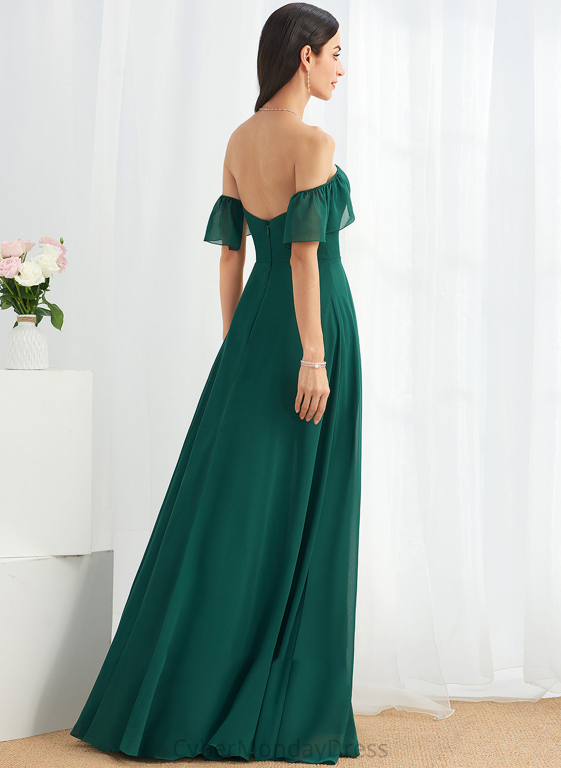 Embellishment A-Line Fabric Silhouette Floor-Length Neckline Off-the-Shoulder SplitFront Length Michelle Bridesmaid Dresses