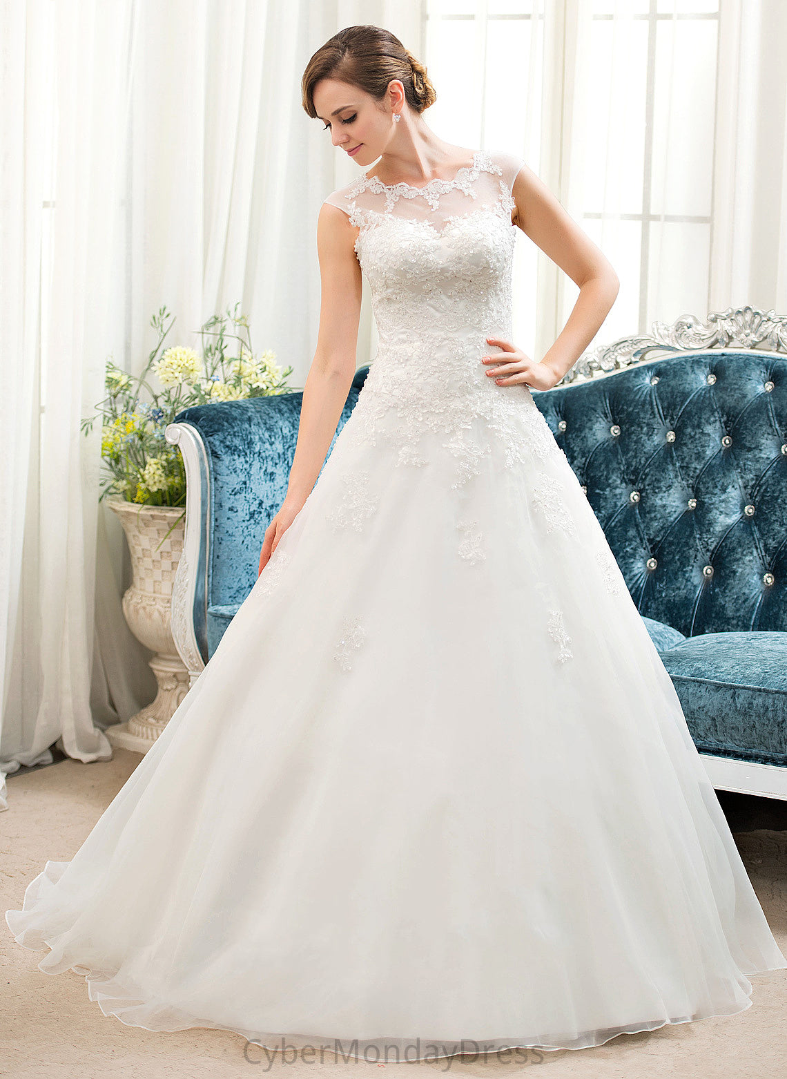 Illusion Sweep Wedding Dresses Organza Dress With Ball-Gown/Princess Lace Tulle Train Sequins Wedding Kylee Beading