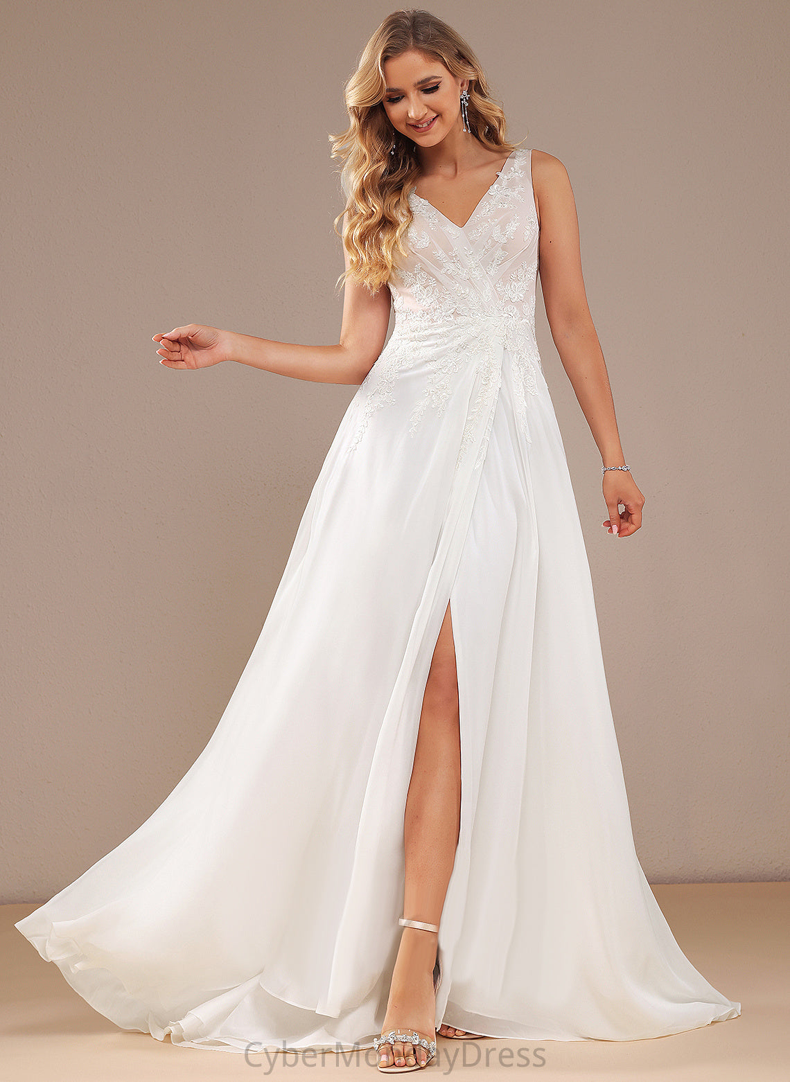 Front Allison Lace Split Wedding Train Lace V-neck Sequins A-Line With Sweep Chiffon Wedding Dresses Dress