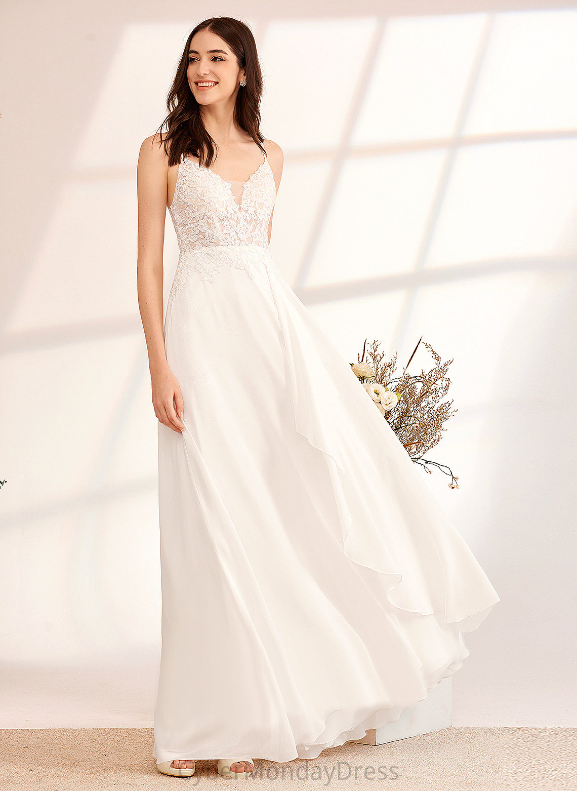 Wedding Dresses With V-neck Dress Lace Sequins Chiffon Wedding A-Line Mina Floor-Length