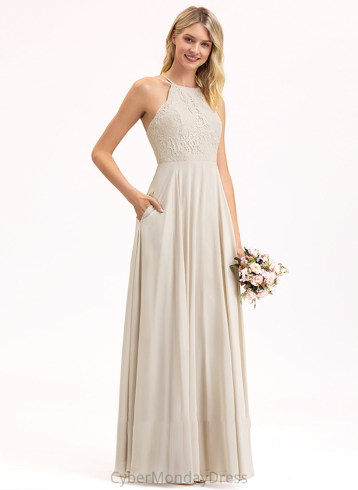 Embellishment Fabric Silhouette Floor-Length Length Neckline A-Line ScoopNeck Pockets Sharon Natural Waist Sleeveless Bridesmaid Dresses