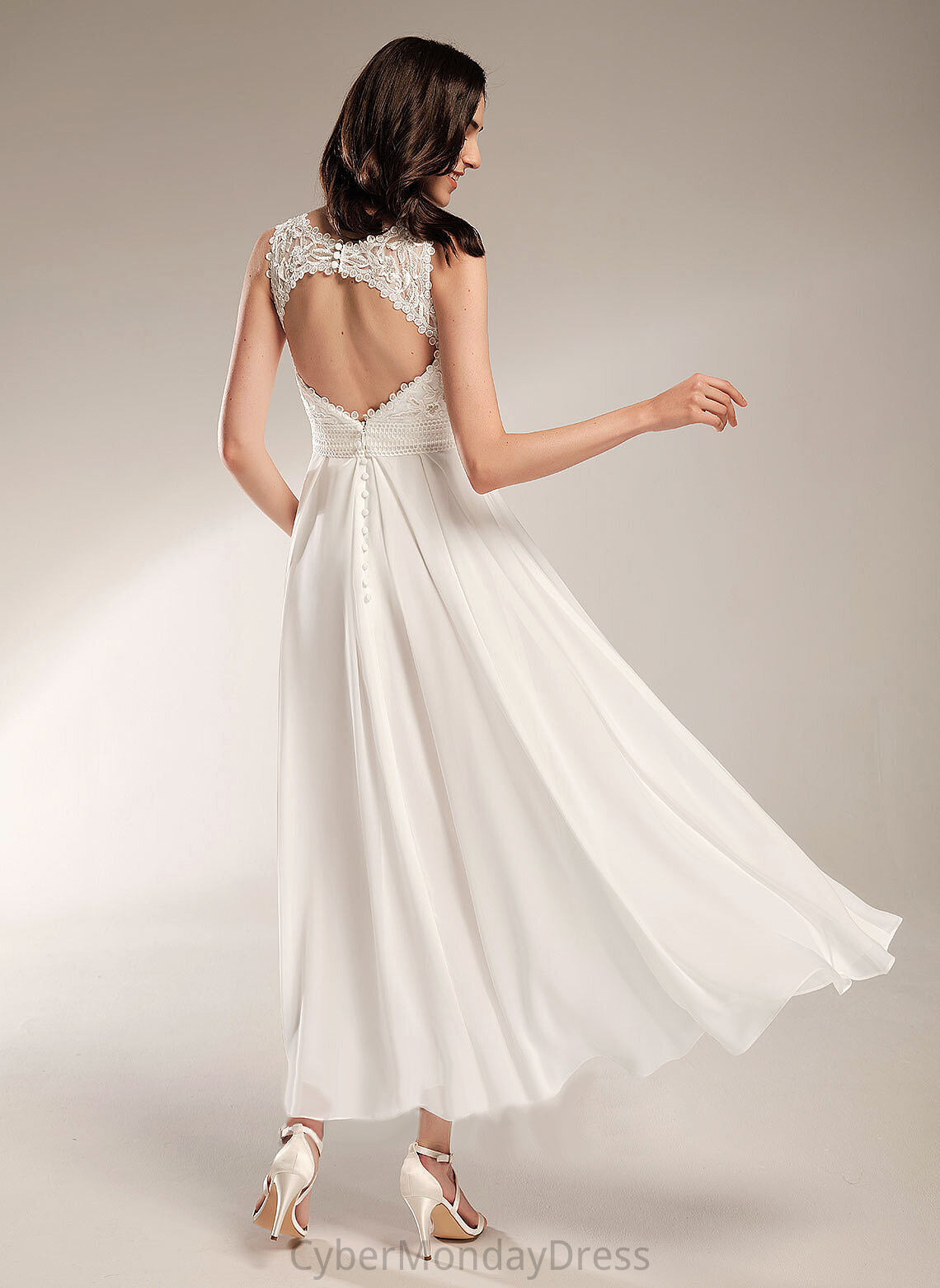 A-Line Dress Chiffon Asymmetrical Wedding Dresses Scoop Neck Lace Destinee Wedding