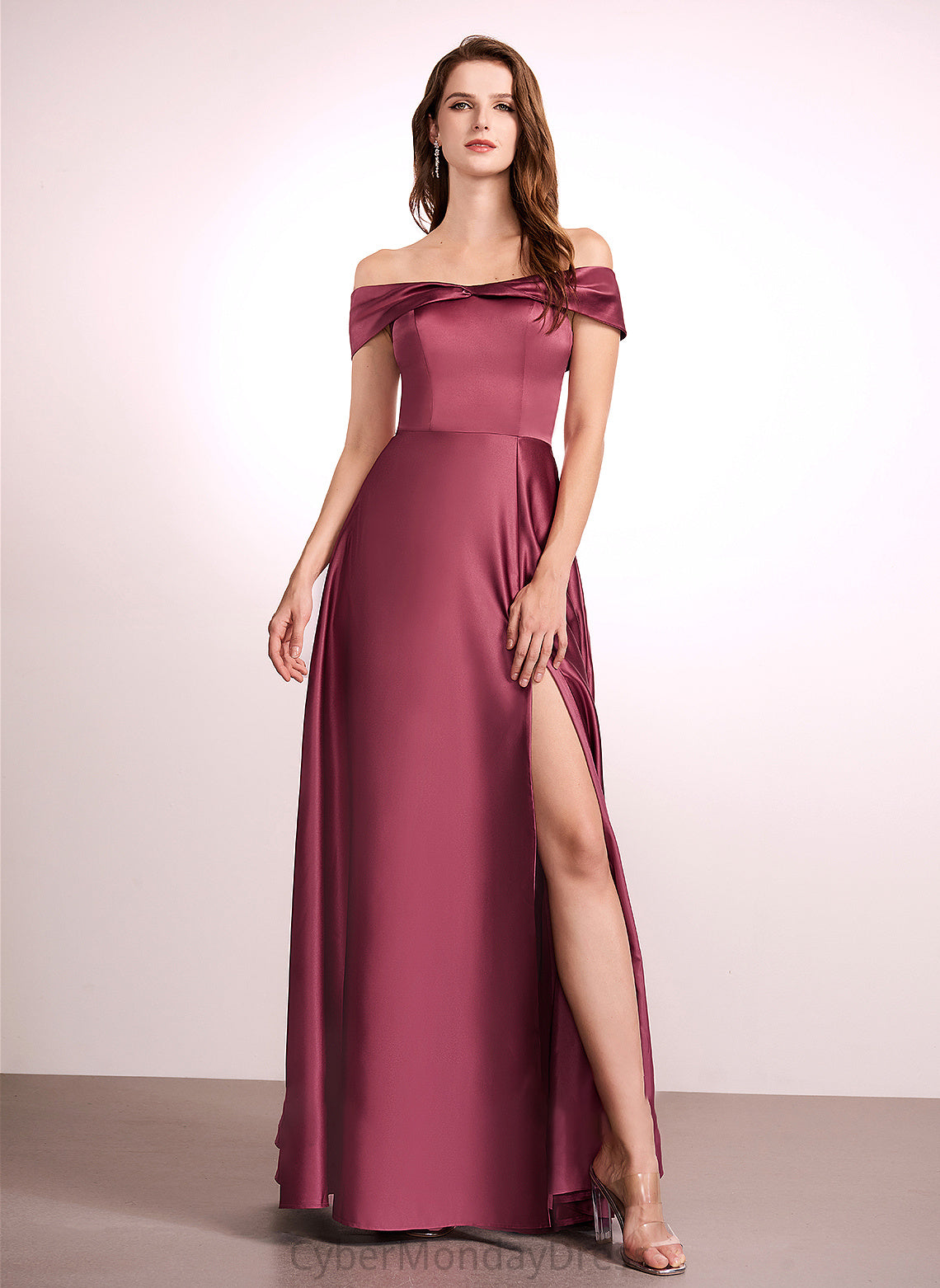 Length Neckline SplitFront A-Line Embellishment Fabric Silhouette Off-the-Shoulder Floor-Length Braelyn Bridesmaid Dresses