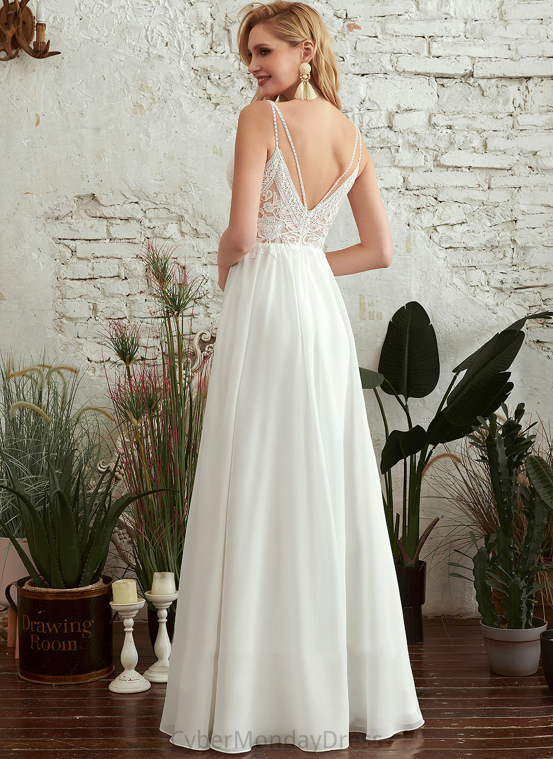 Abigayle Floor-Length Front Wedding Wedding Dresses With V-neck Split Dress A-Line Beading Lace Chiffon