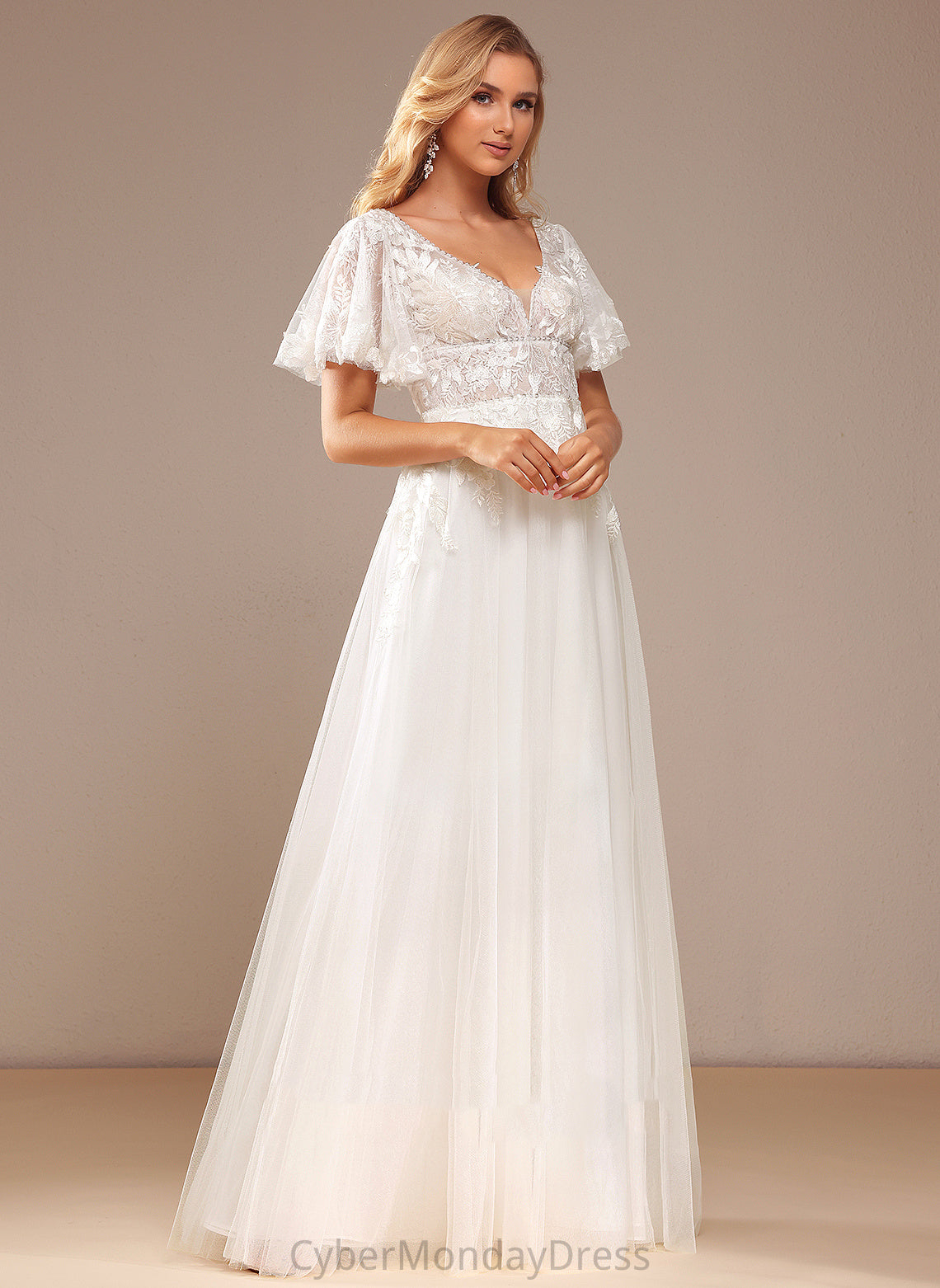 Sequins Dress Harriet V-neck Lace Wedding Dresses Wedding Floor-Length Lace A-Line Tulle Beading With