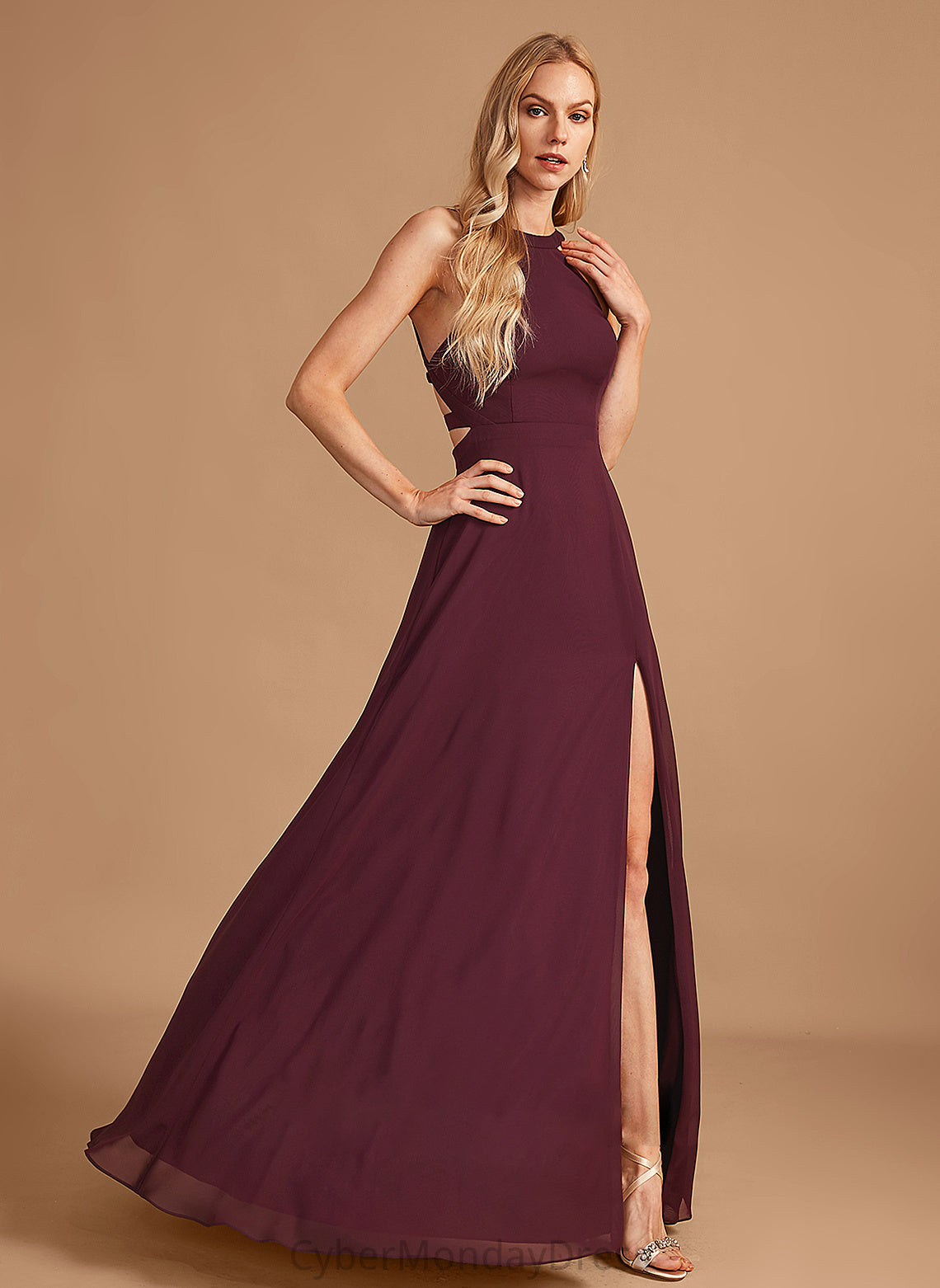 Neckline Silhouette Floor-Length SplitFront HighNeck Fabric A-Line Embellishment Length Rachael Floor Length Natural Waist Bridesmaid Dresses