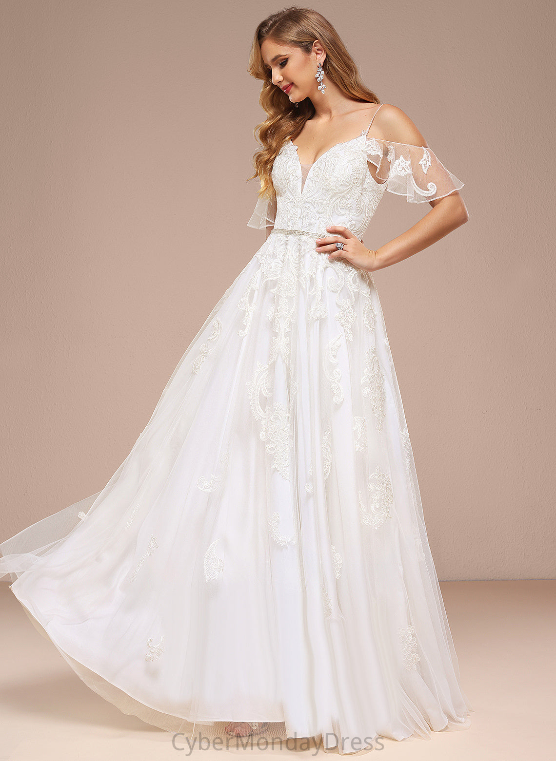 Beading Dress Wedding Dresses With Shoulder A-Line Wedding Catalina Tulle Cold Lace Sequins Floor-Length