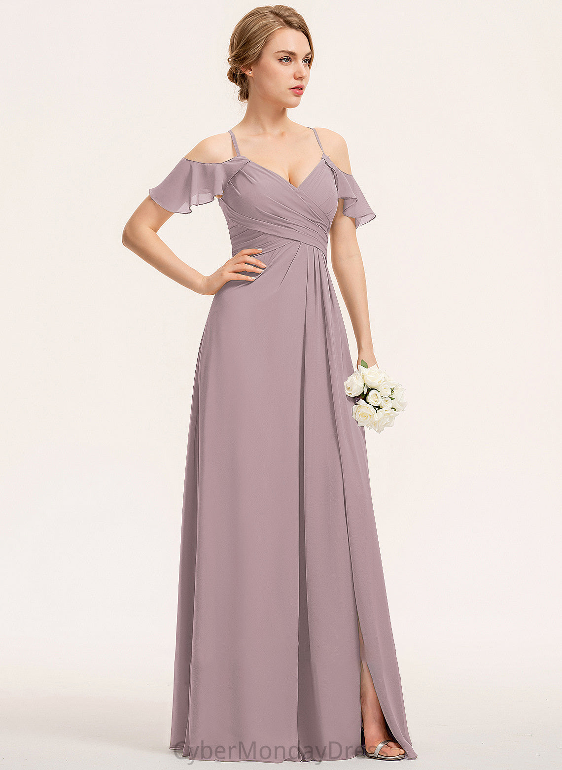 Embellishment Neckline Ruffle Floor-Length SplitFront CascadingRuffles V-neck Silhouette A-Line Fabric Length Susanna Bridesmaid Dresses