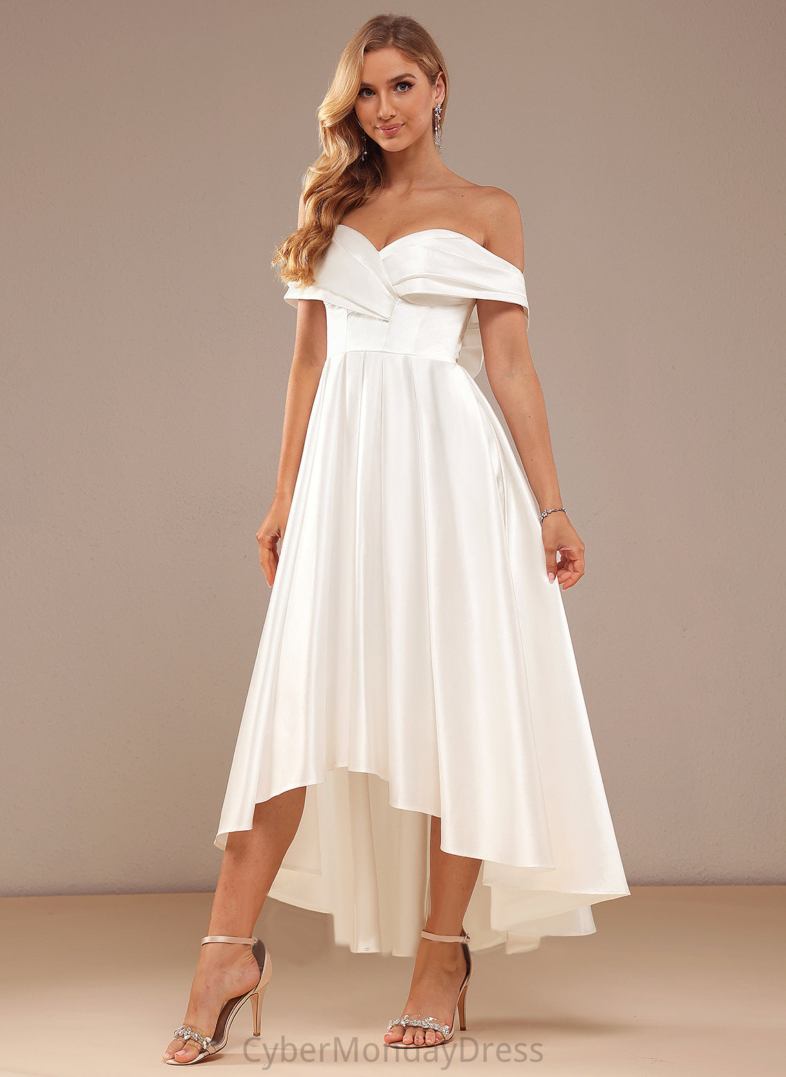 With Rhianna Pockets Off-the-Shoulder Wedding Dresses Dress Wedding A-Line Asymmetrical Satin