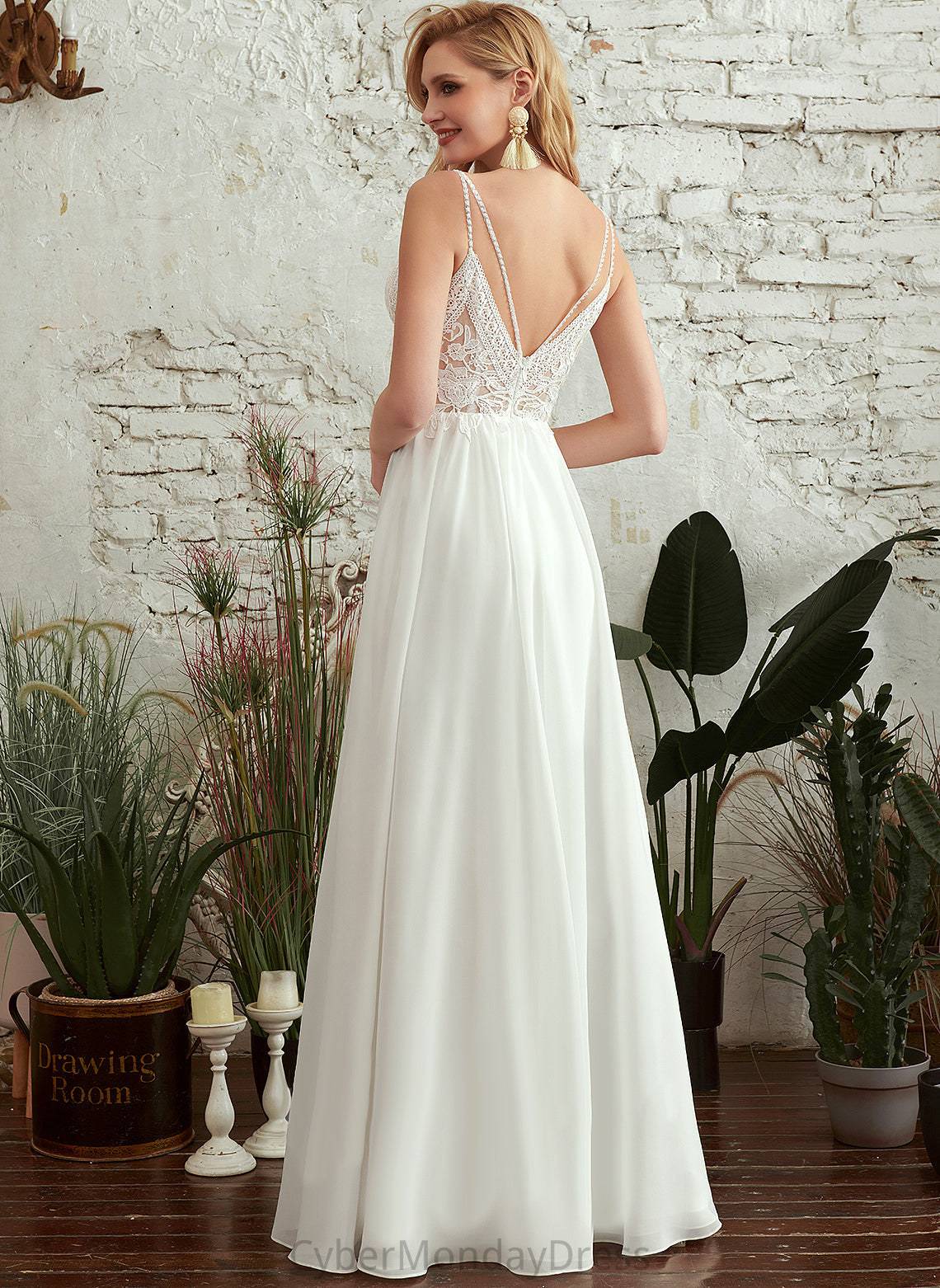 With A-Line Chiffon Lace Dress Wedding Wedding Dresses Anaya V-neck Beading Floor-Length