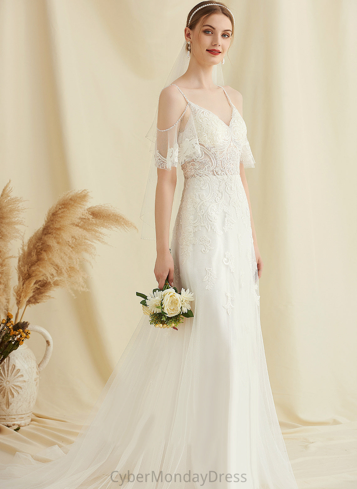 Lace Jacqueline With Wedding Dresses Tulle V-neck A-Line Sweep Dress Wedding Beading Train