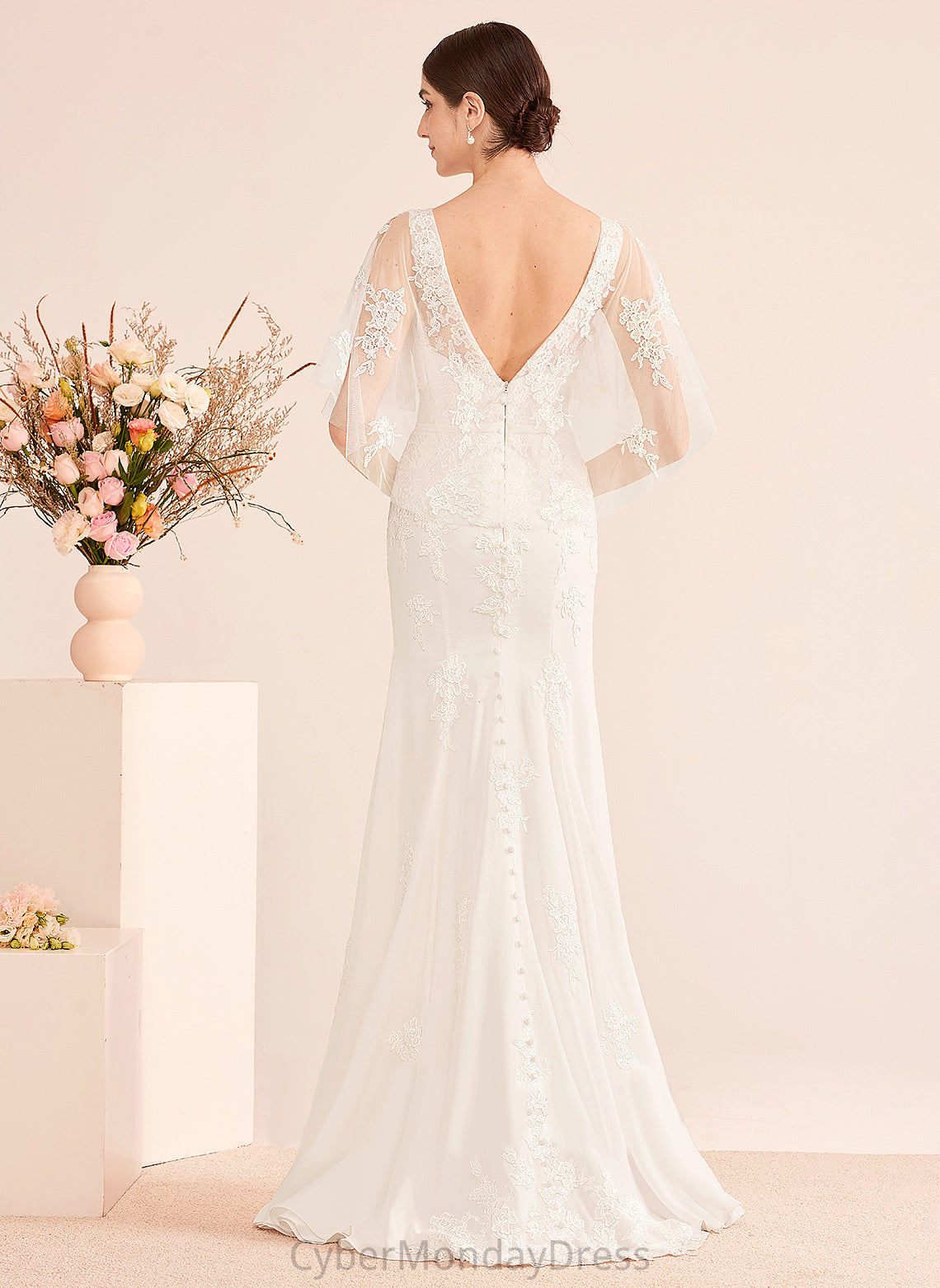 Court Trumpet/Mermaid Wedding With Yazmin Chiffon Wedding Dresses Lace Train Sash V-neck Dress